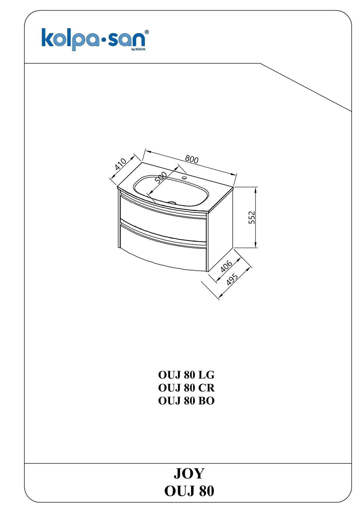 Technische Zeichnung eines Badezimmerwaschtischs Kolpa-San JOY OUJ 80 mit Waschbecken, mit den Abmessungen 800 mm breit, 552 mm hoch und 406–495 mm tief.