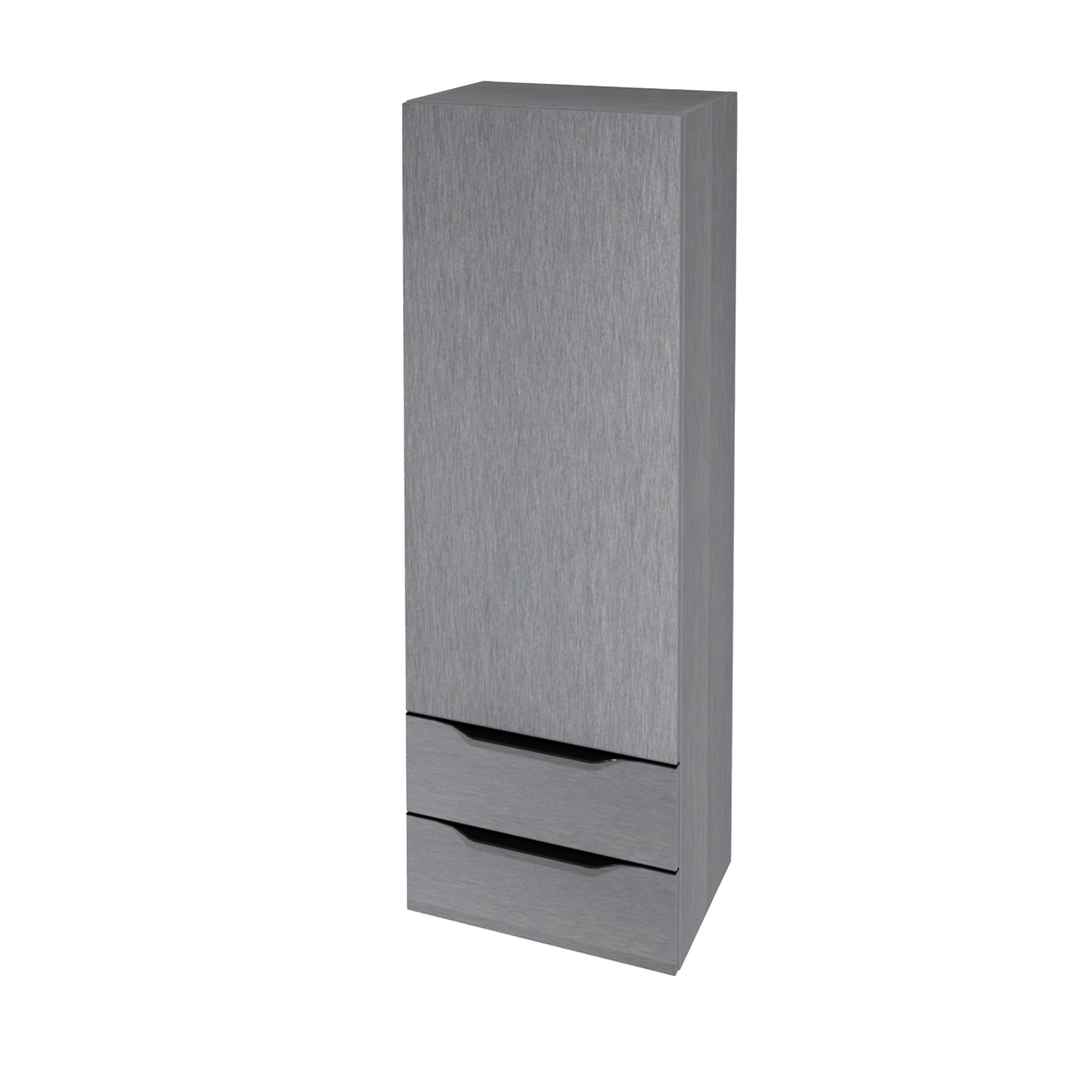 Hoher grauer Wandschrank mit zwei unteren Schubladen und einer glatten, flachen Front auf weißem Hintergrund.