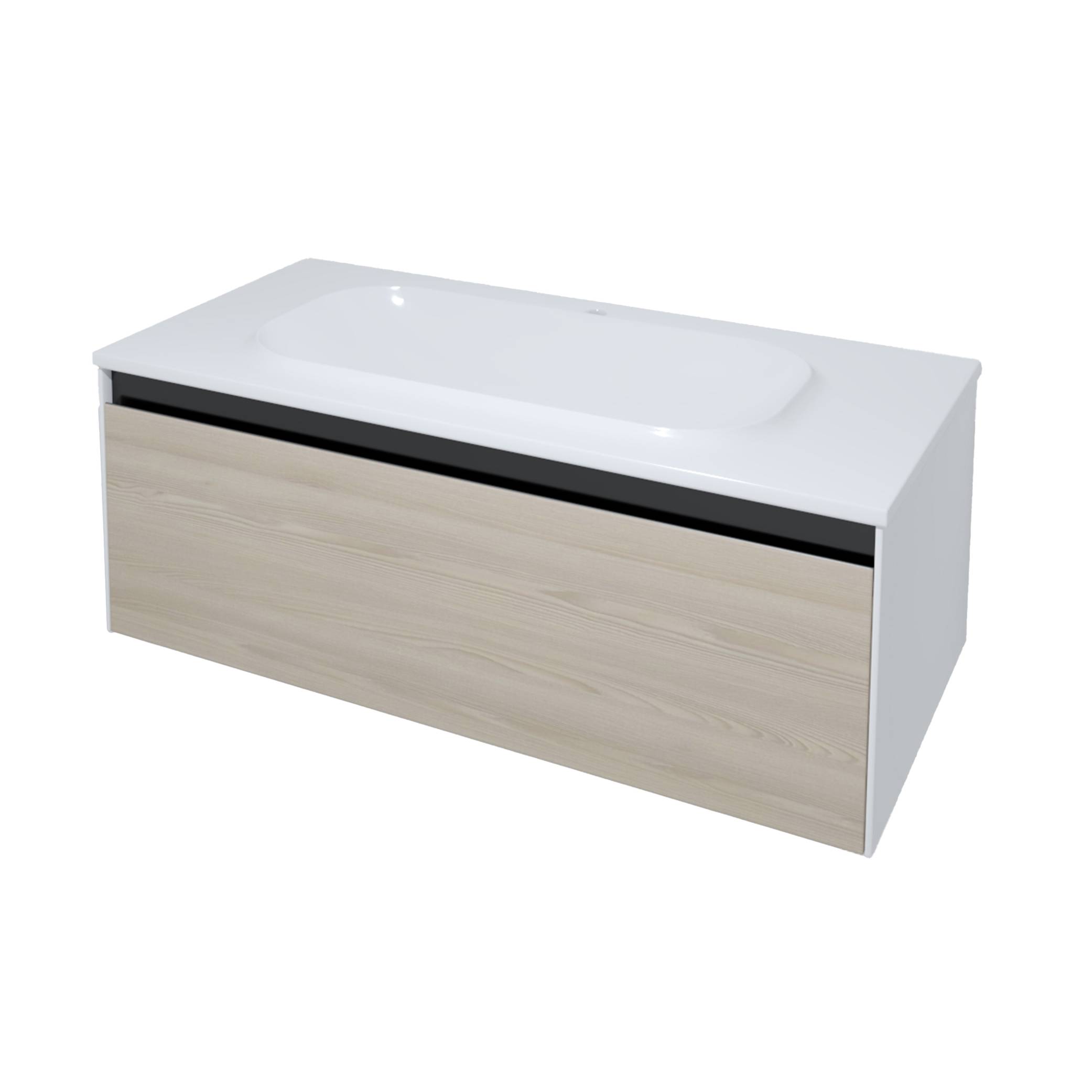 Modernes weißes Badezimmer-Waschtischschrank mit integriertem Waschbecken und hellem Holzfrontpanel, dargestellt auf weißem Hintergrund.
