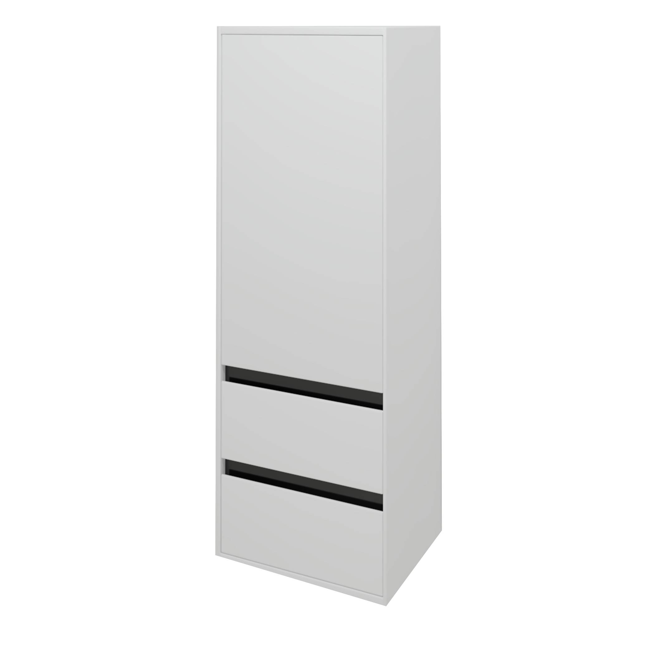 Hoher weißer Schrank mit zwei unteren Schubladen, gezeigt vor einem einfachen Hintergrund.