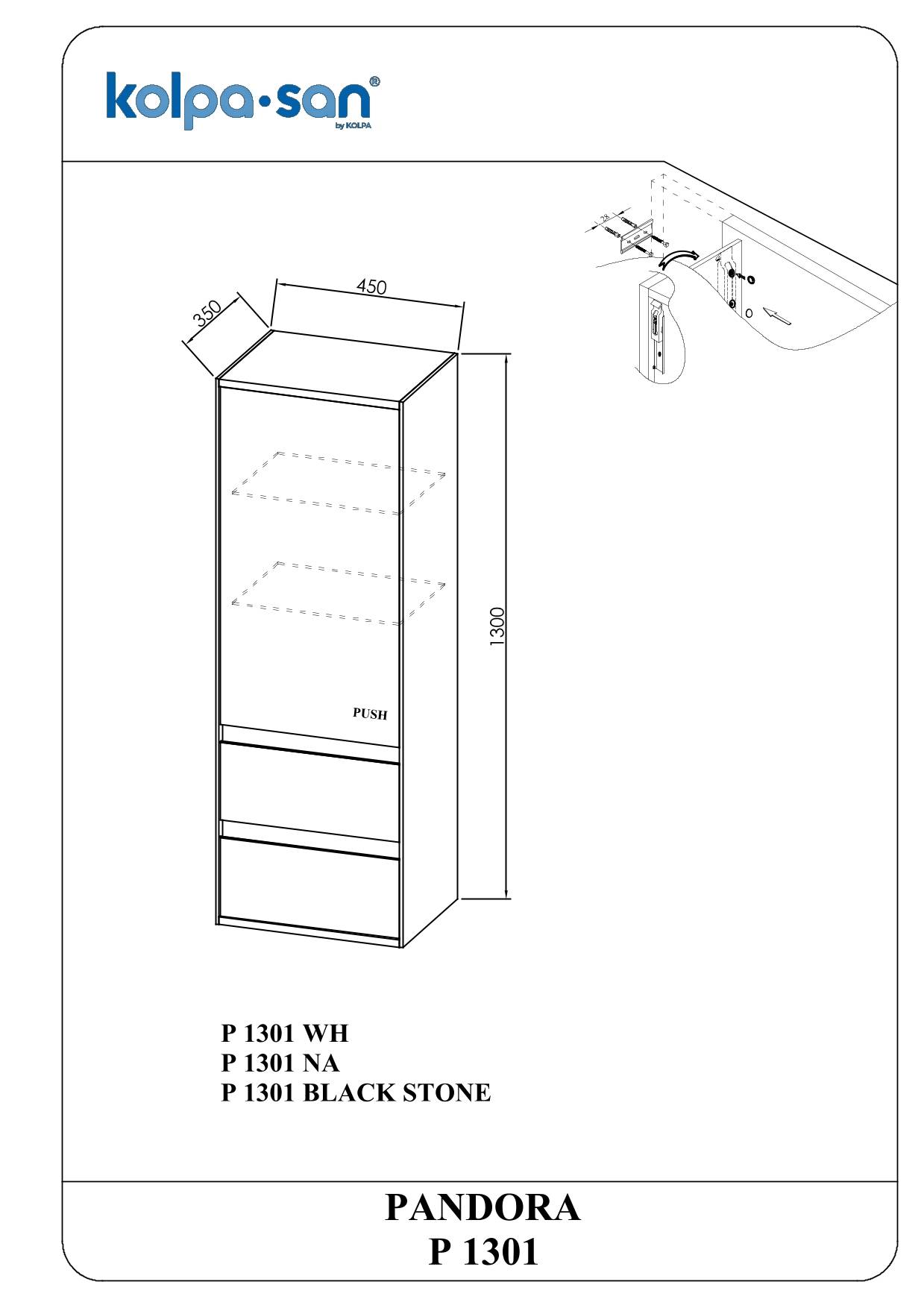 Technische Zeichnung des Kolpa-san PANDORA P 1301 Schranks mit den Abmessungen 450 x 320 x 1800 mm und einem Wandmontage-Installationsdetail.