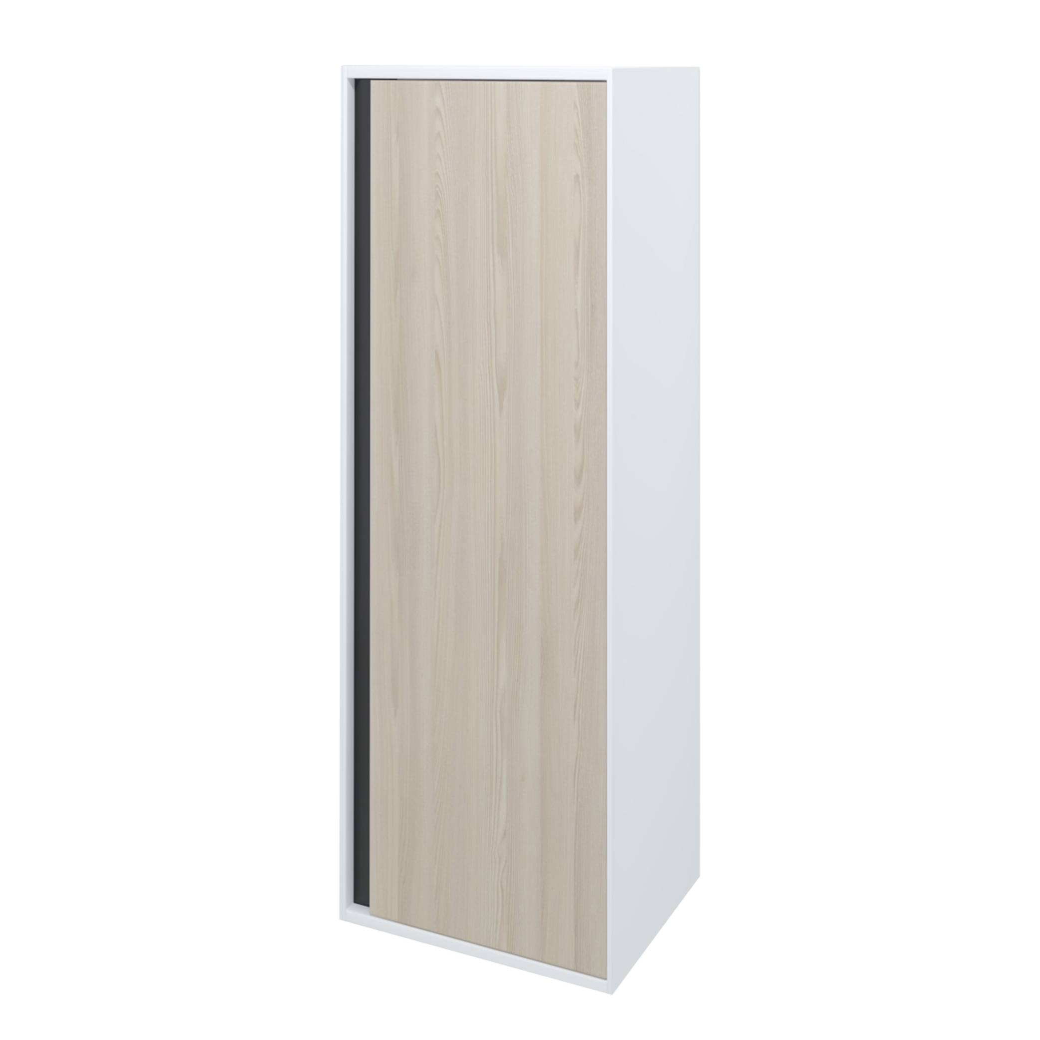 Hohes beige Holzmaserung-Schränkchen mit weißem Seitenpaneel, dargestellt in einer produktgestylten isolierten Ansicht.