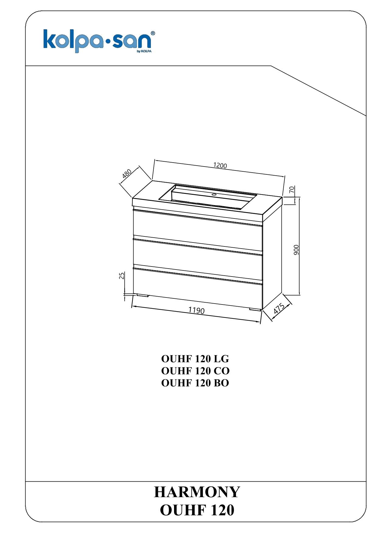 Technische Zeichnung eines Kolpa-san HARMONY OUHF 120 Badezimmerwaschtisches mit integriertem Waschbecken, dargestellt mit Maßen und Modellvarianten OUHF 120 LG, CO und BO.