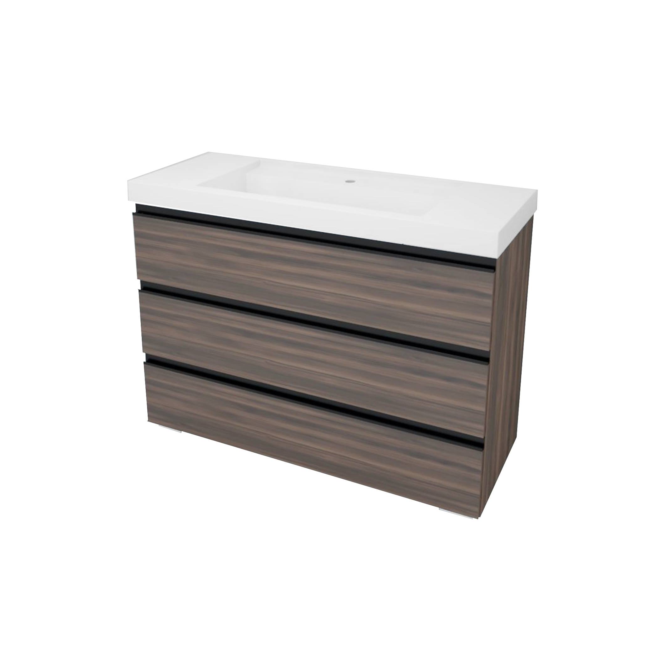 Badezimmer-Waschtischschrank mit Holzmaserung, weiße Spülenplatte und drei horizontale Schubladen, auf weißem Hintergrund dargestellt.