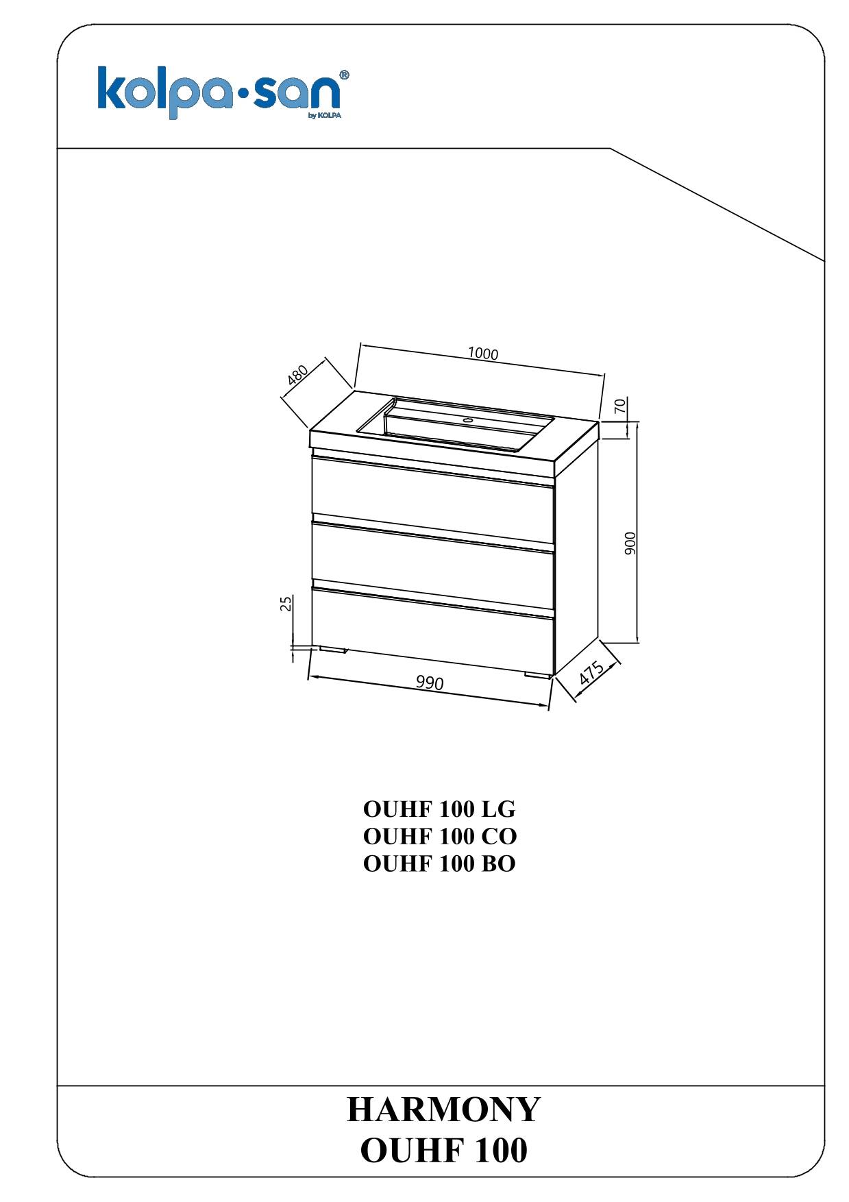 Technische Zeichnung eines Kolpa-San HARMONY OÜHF 100 Badezimmerschranks mit Abmessungen und drei Modellvarianten: OÜHF 100 LG, CO und BO.