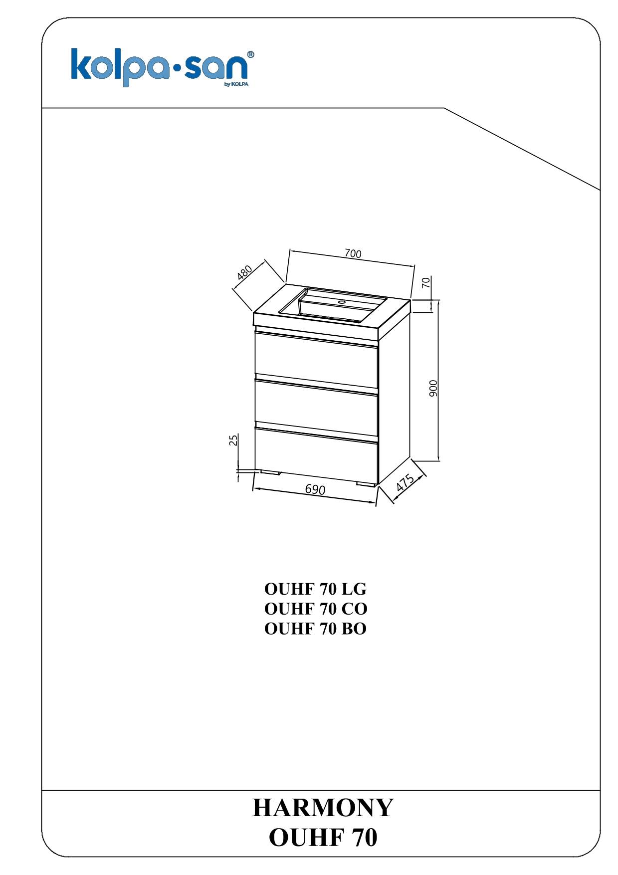 Kolpa HARMONY Schrank mit Waschbecken (stehend auf Füßen) OUHF 70 LG