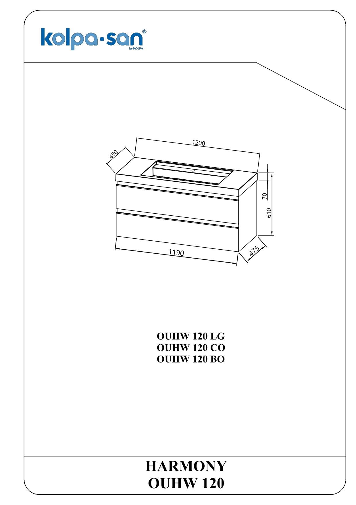 Technische Zeichnung eines Kolpa-San Harmony OUHW 120 Badezimmer-Waschtisches mit Spülbeckenplatte, mit den Abmessungen 1200 mm Breite, 610 mm Höhe und 542 mm Tiefe.