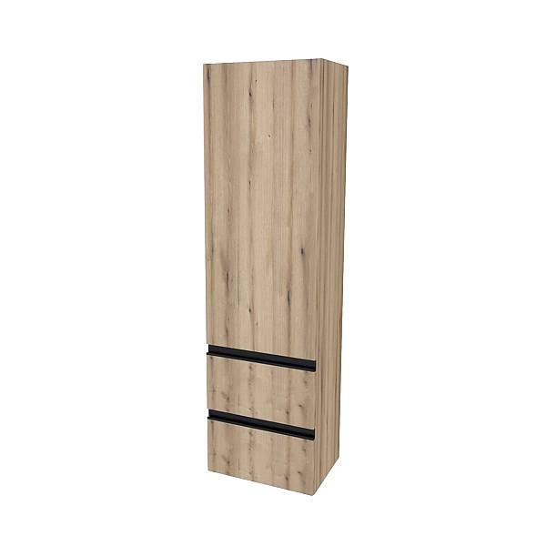 Hoher Wandschrank mit Holzmaserung und zwei horizontalen schwarzen Griffen, isoliert auf weißem Hintergrund dargestellt.