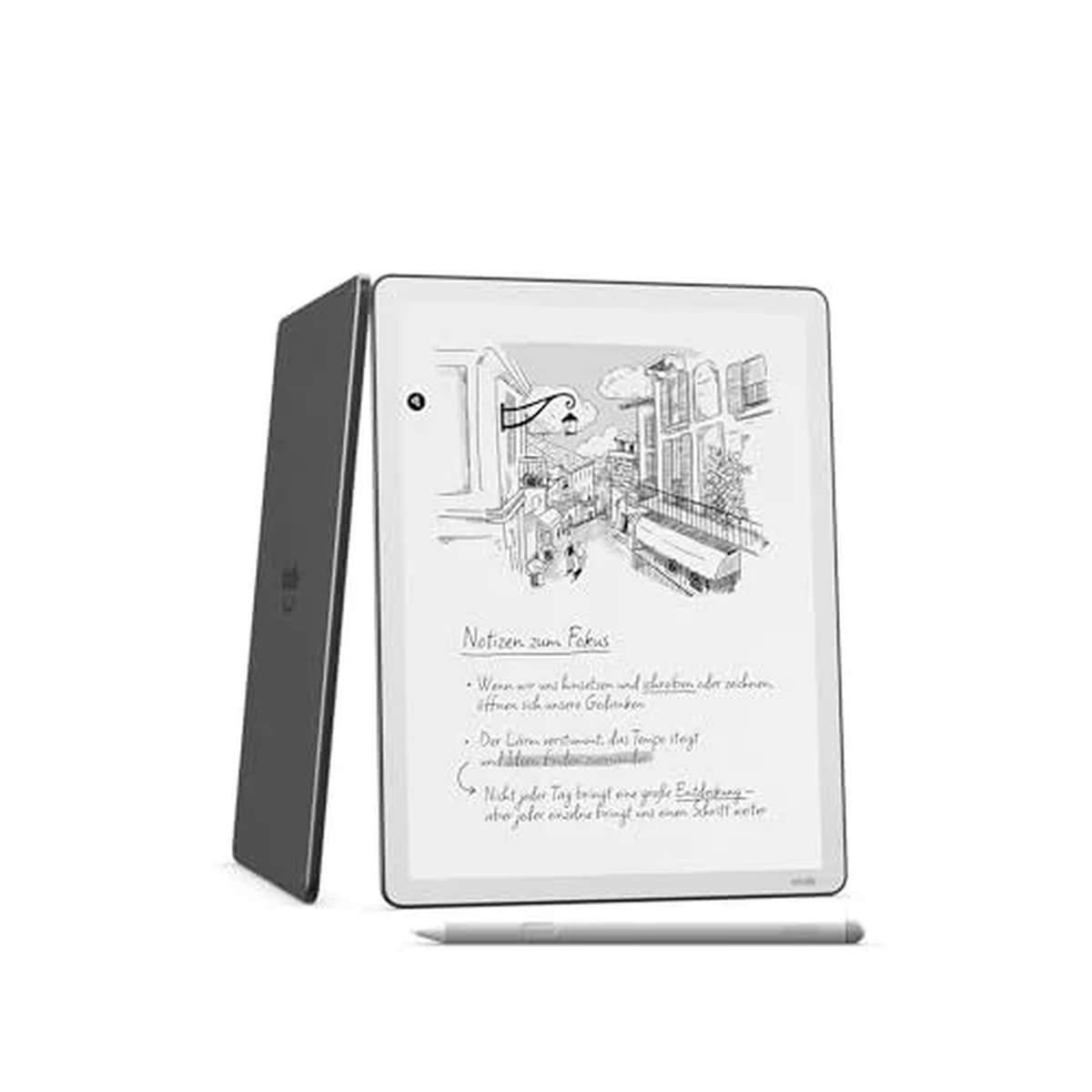 Digitales Notizbuch-Tablet mit Stylus zeigt handgeschriebene Notizen und eine Skizze, dargestellt neben seiner dunklen Schutzhülle.