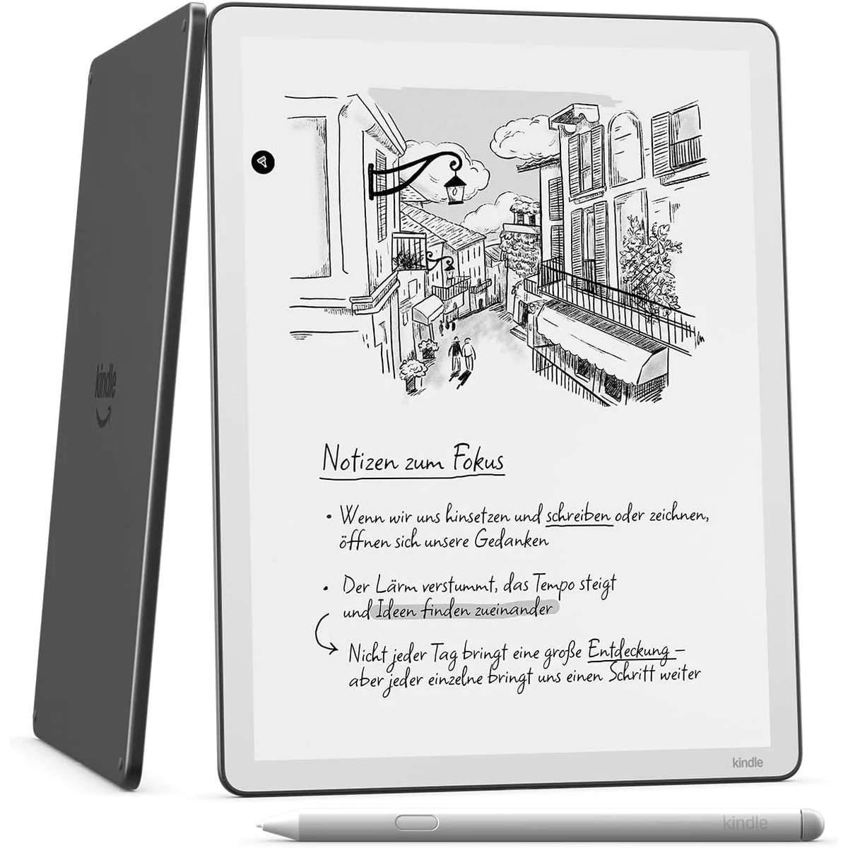 Amazon-Kindle-E-Reader mit Eingabestift, der eine handschriftliche Notiz mit dem Titel „Notizen zum Fokus“ und eine Skizze einer Stadtstraße zeigt.