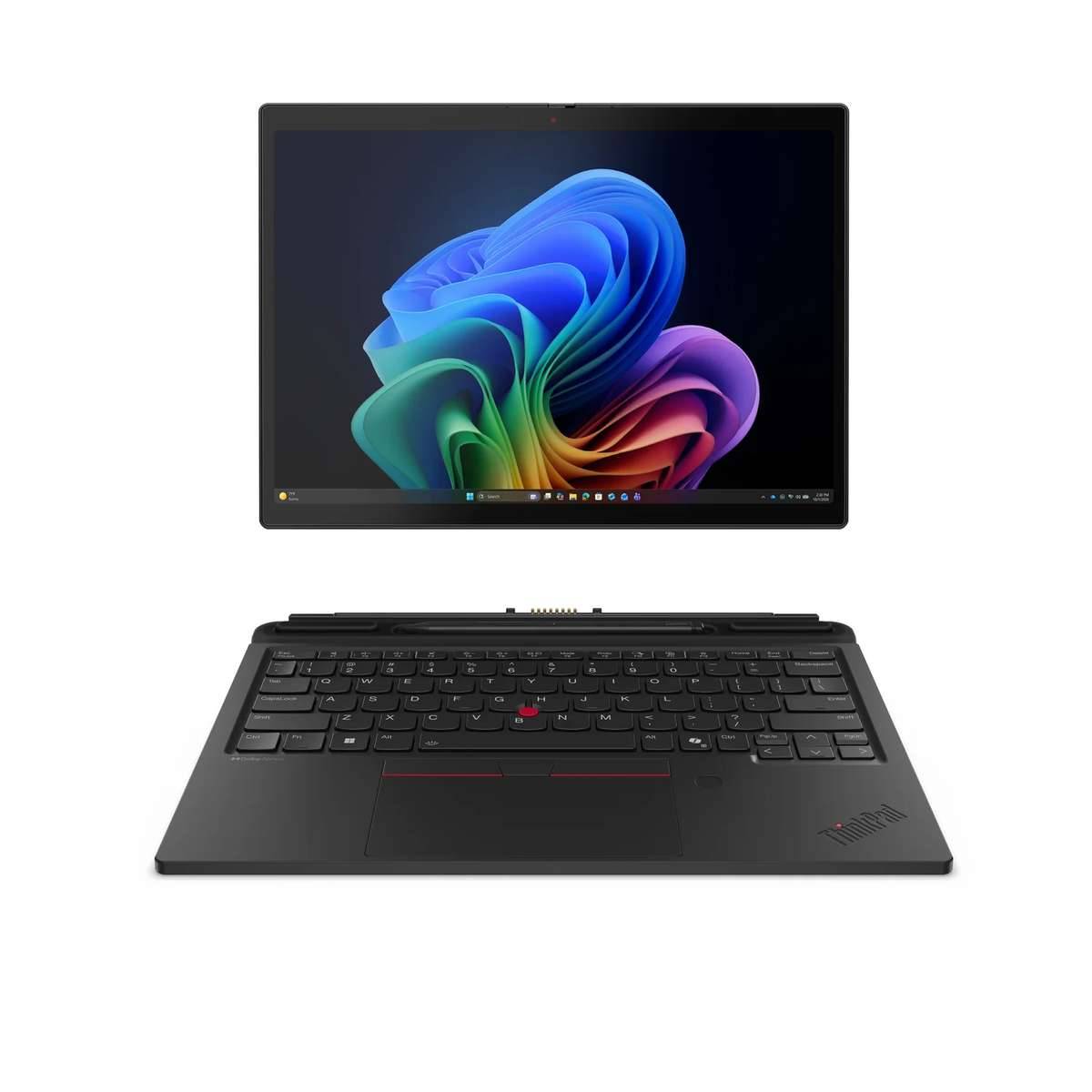 Ein schwarzes 2-in-1-Laptop, aufgeklappt dargestellt, mit einem bunten Hintergrundbild im Windows-Stil auf dem Bildschirm und einer Tastatureinheit darunter.