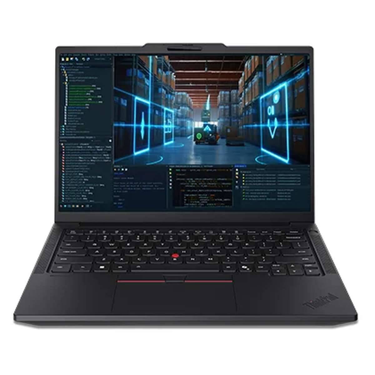 Schwarzer ThinkPad-Laptop auf weißem Hintergrund, geöffnet und zeigt eine Coding-Schnittstelle mit einer lagerhausähnlichen 3D-Szene auf dem Bildschirm.