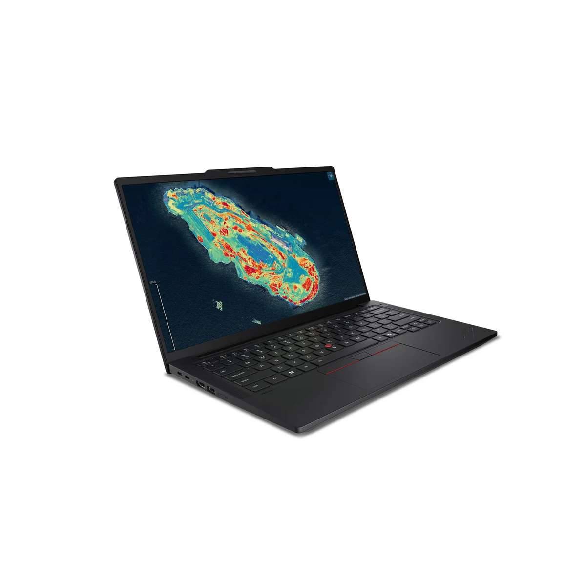 Offener schwarzer Laptop mit einem farbenfrohen Wärmebild-ähnlichen Bild auf seinem Bildschirm vor weißem Hintergrund.