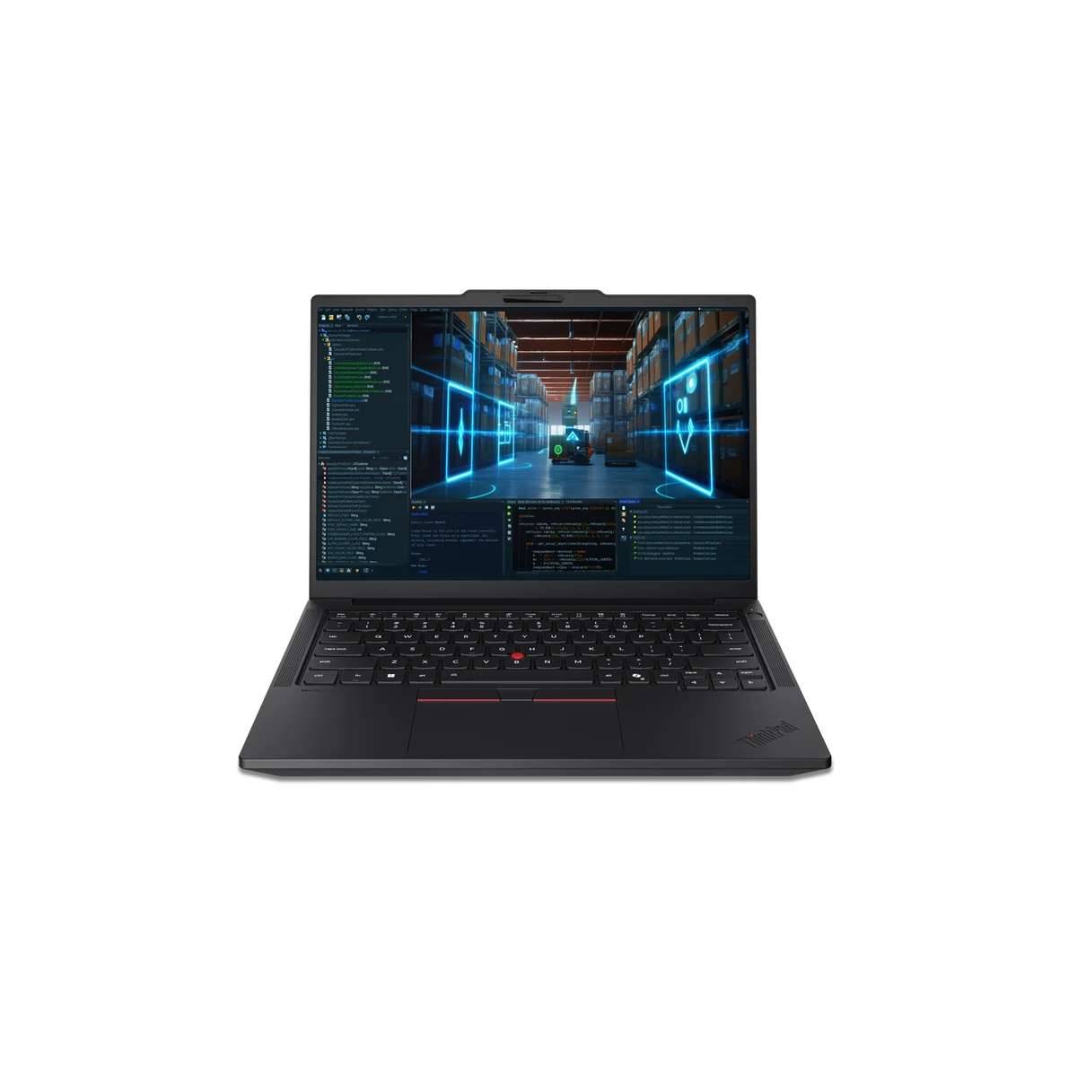 Offener Laptop, der eine Codierungsschnittstelle und eine Lagerszene mit leuchtenden blauen digitalen Panels anzeigt, was auf Softwareentwicklung oder Cybersicherheit hindeutet.