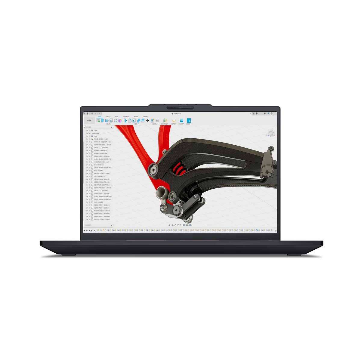 Laptop zeigt ein 3D-CAD-Modell einer Fahrradsuspension oder Rahmenkopplung an, mit roten und schwarzen mechanischen Komponenten auf dem Bildschirm.