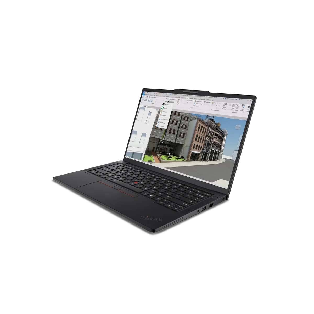 Offener Laptop, auf dem ein 3D-Architekturdesign-Programm mit einer Stadtstraßenszene auf dem Bildschirm angezeigt wird.