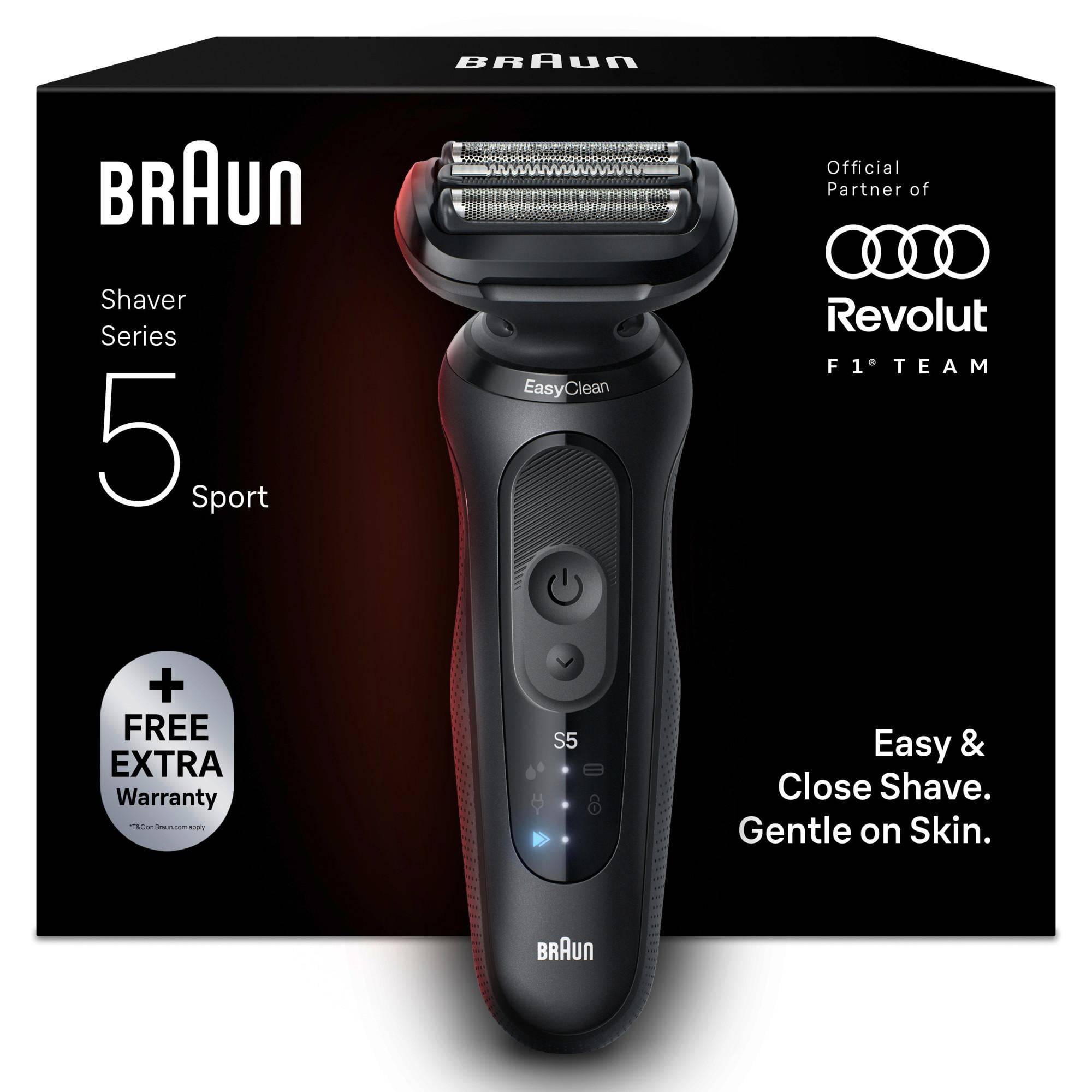 Braun Series 5 Sport Elektrorasierer auf schwarzer Verpackung gezeigt, mit den Abzeichen „Easy & Close Shave. Gentle on Skin.