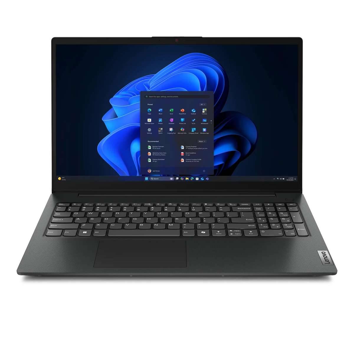 Schwarzer Lenovo-Laptop geöffnet mit Windows 11-Desktop und Startmenü auf dem Bildschirm angezeigt.
