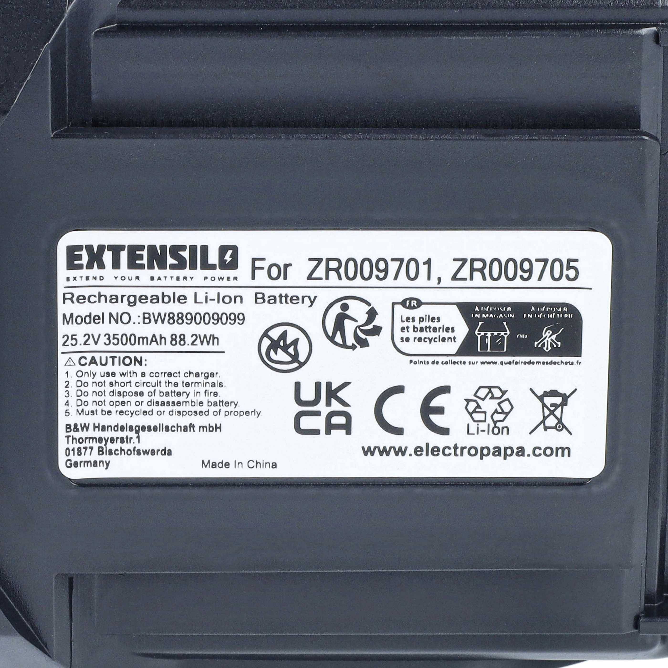 Wiederaufladbare Li-Ionen-Batterie mit der Bezeichnung EXTENSILO für ZR009701 und ZR009705, 25,2V 3500mAh, mit Sicherheits- und Recycling-Symbolen.