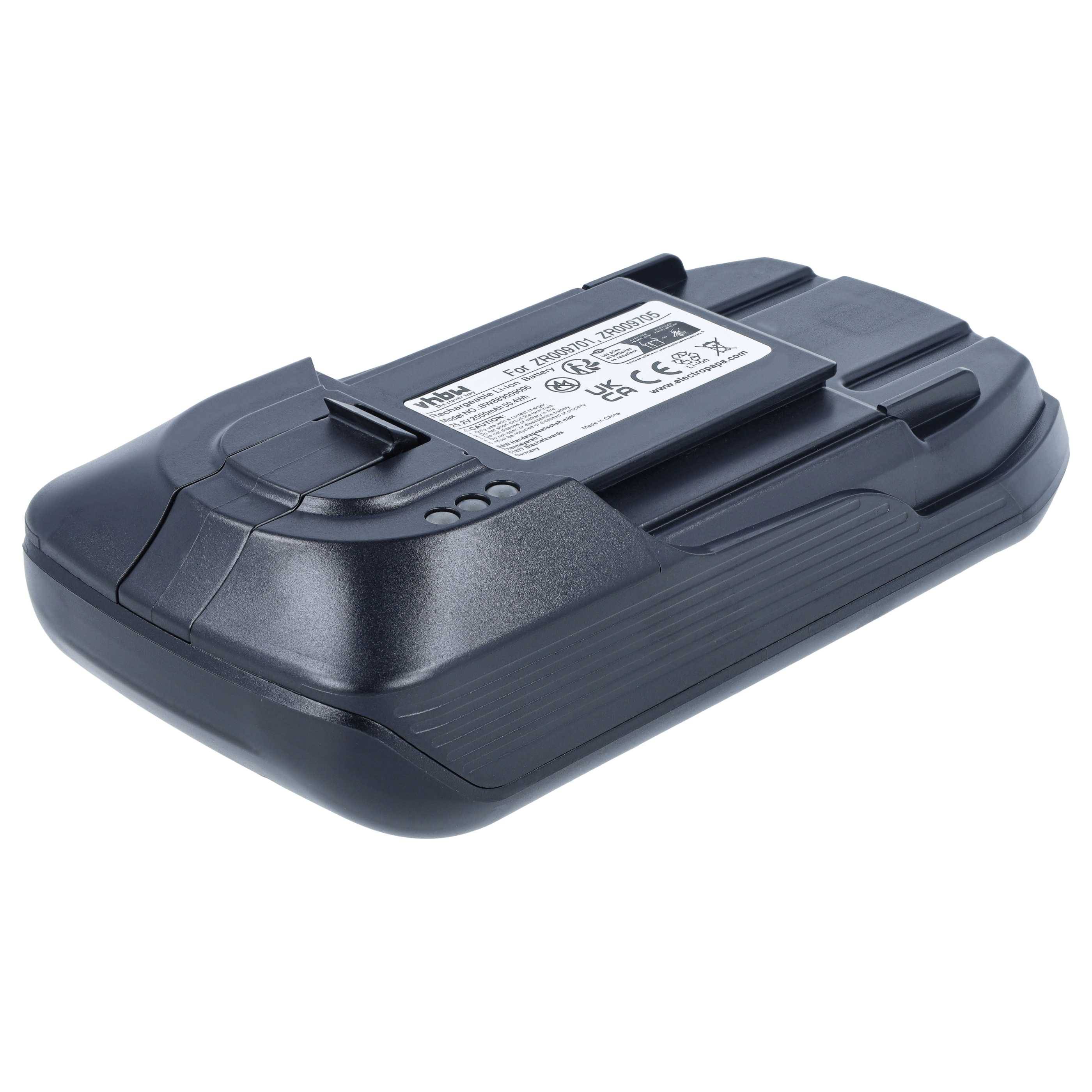 Schwarzes wiederaufladbares Batteriepaket mit einer Beschriftung oben, gezeigt auf weißem Hintergrund.