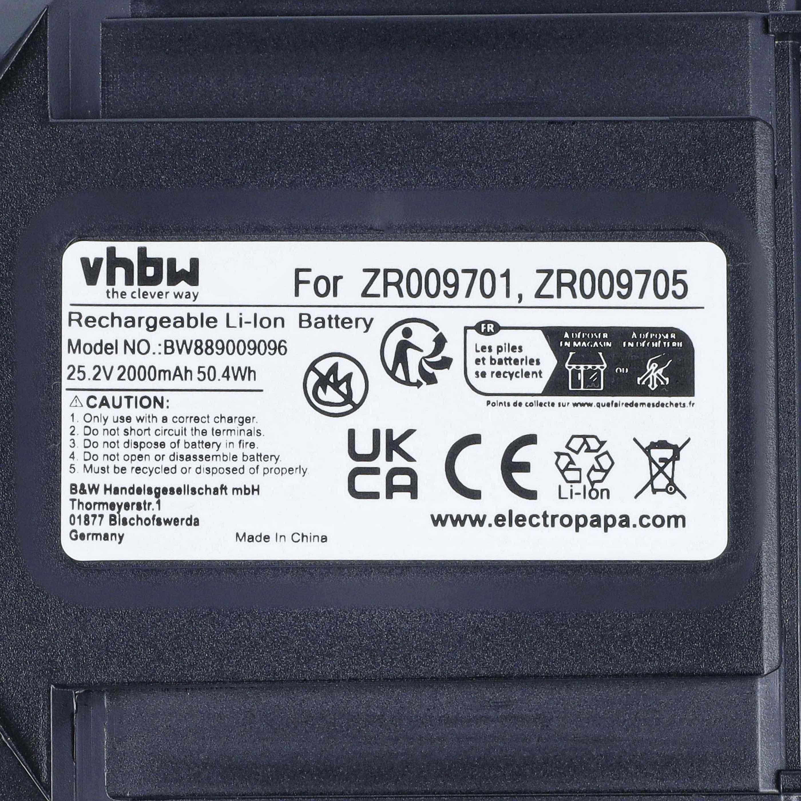 Wiederaufladbare Li-Ionen-Batterie-Kennzeichnung für VHBW-Modelle ZR009701 und ZR009705, zeigt 25,2V 2000mAh 50,4Wh und Sicherheits-/Recycling-Symbole.