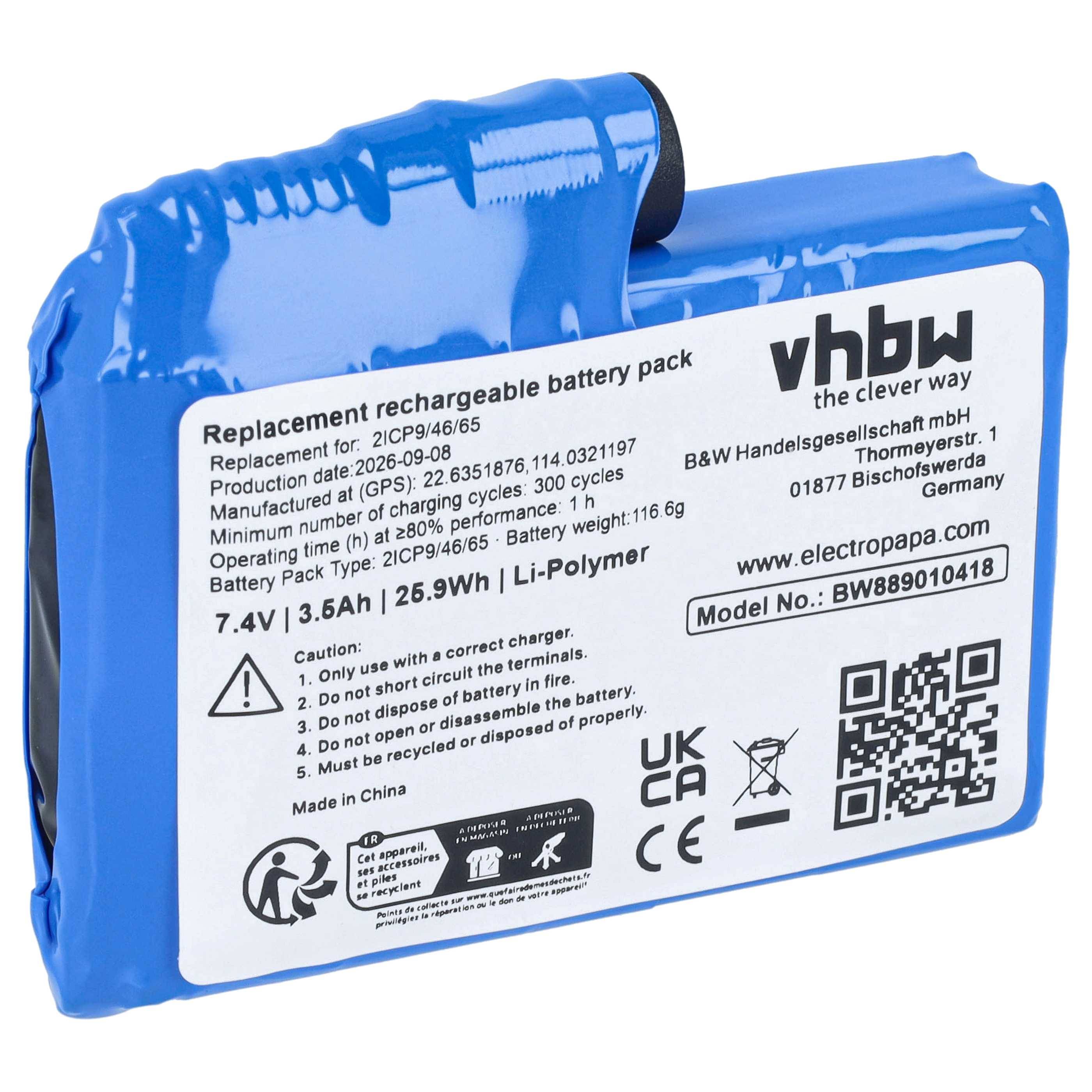 Blauer vhbw wiederaufladbarer Li-Polymer-Akku mit Etikett, Modell BW889010418, 7,4V 3,6Ah 26,9Wh, mit Sicherheitswarnungen und QR-Code.