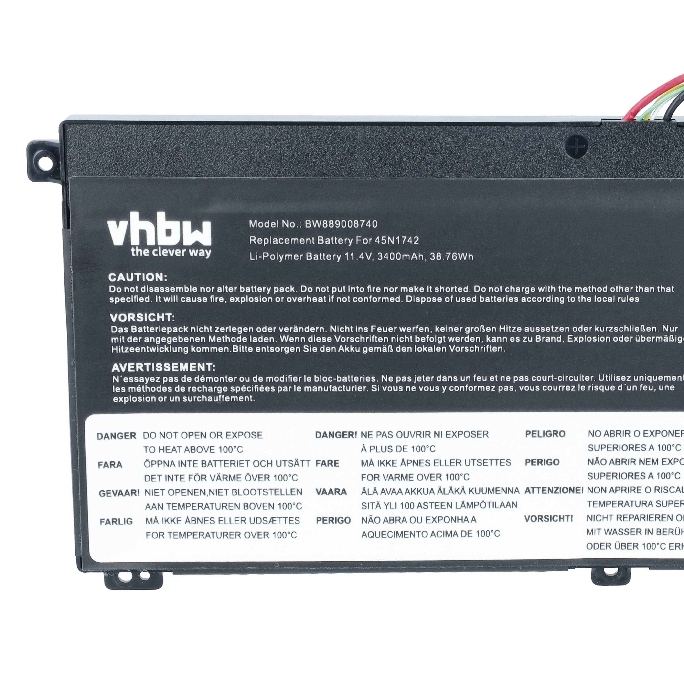 Schwarzes Laptop-Akkupack mit der Bezeichnung „vhbw" mit Warn- und Entsorgungshinweisen, Modell BW89000840, 11,4V 3400mAh 38,7Wh.