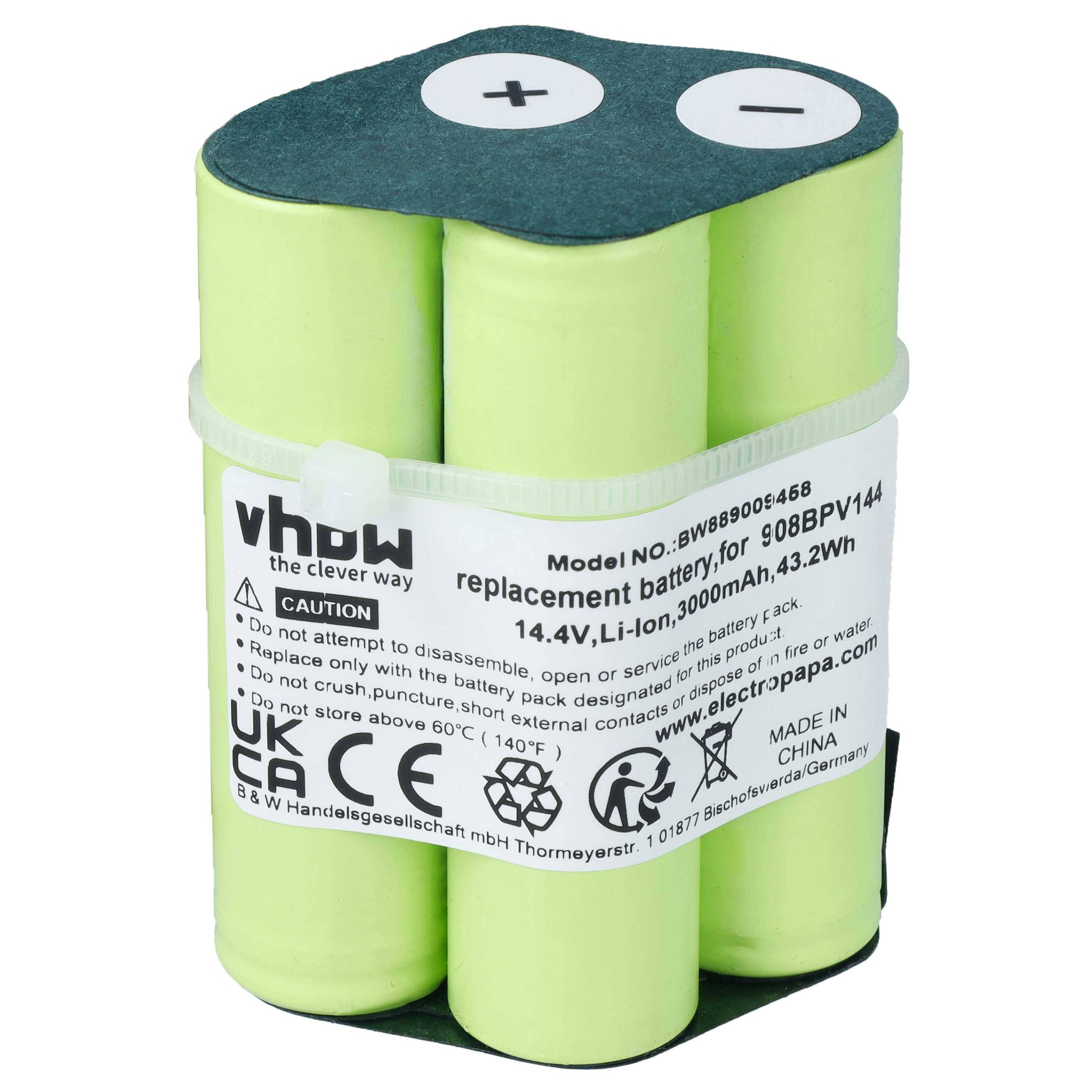 Grünes zylindrisches wiederaufladbares Batteriepaket mit Anschlüssen gekennzeichnet plus und minus, beschriftet 14,4V Li-Ionen Ersatzbatterie.