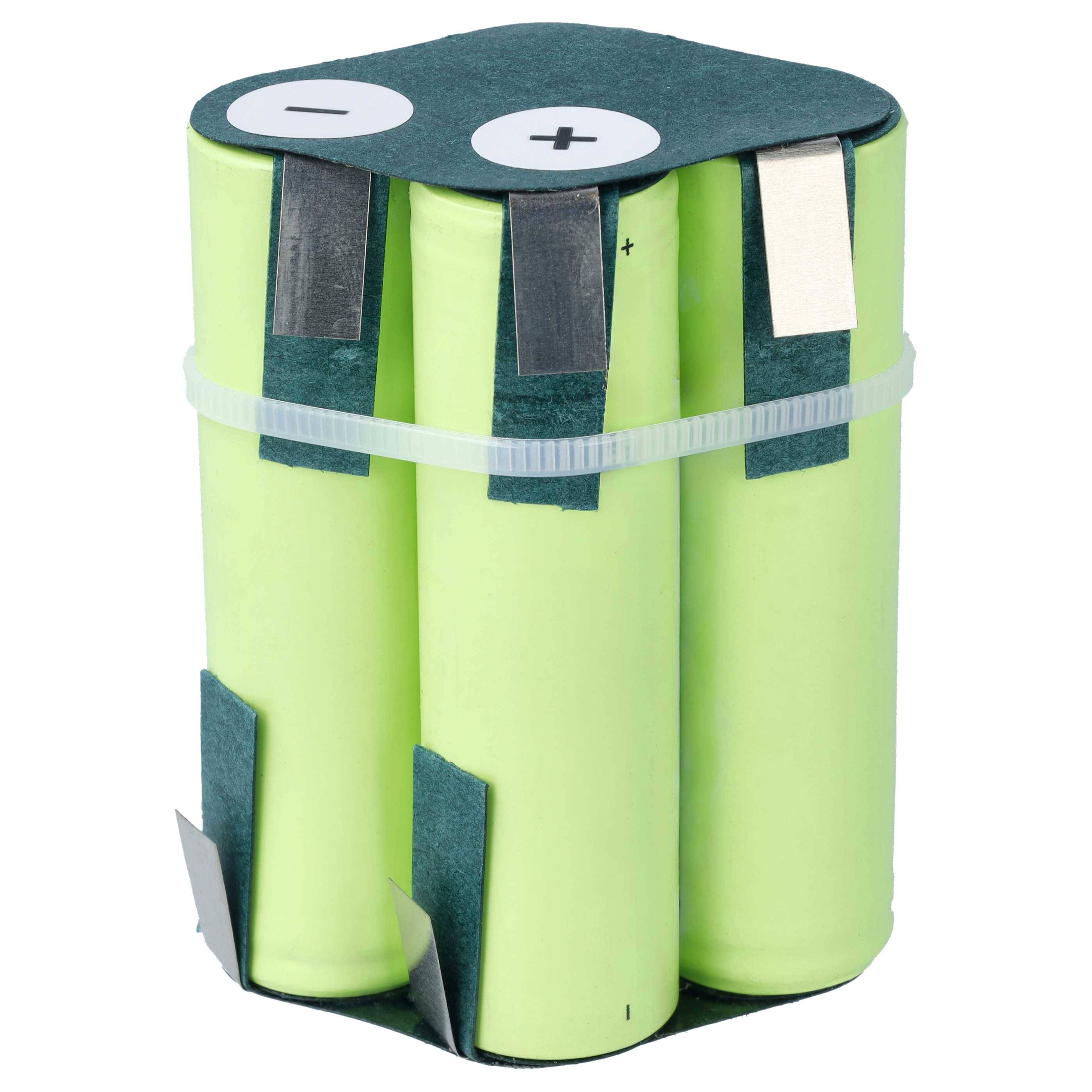 Bündel aus drei grünen zylindrischen Batterien mit einer Oberseite, die Minus- und Plussymbole aufweist, zusammengesichert mit einem Kunststoffkabelbinder.