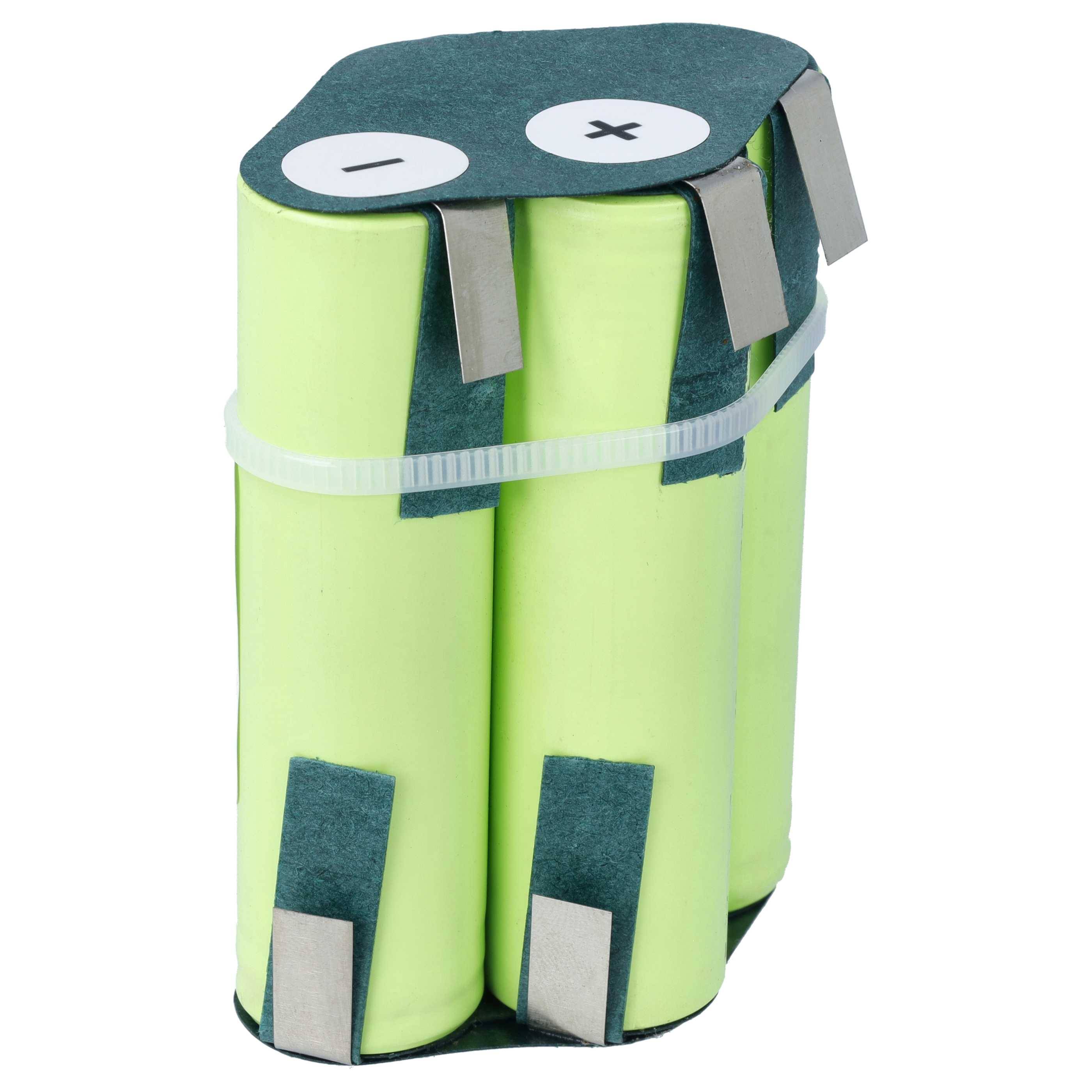 Ein kleines Batteriepaket aus vier grünen zylindrischen Zellen, die mit Klebeband umwickelt sind, mit sichtbaren Plus- und Minuspolen oben.