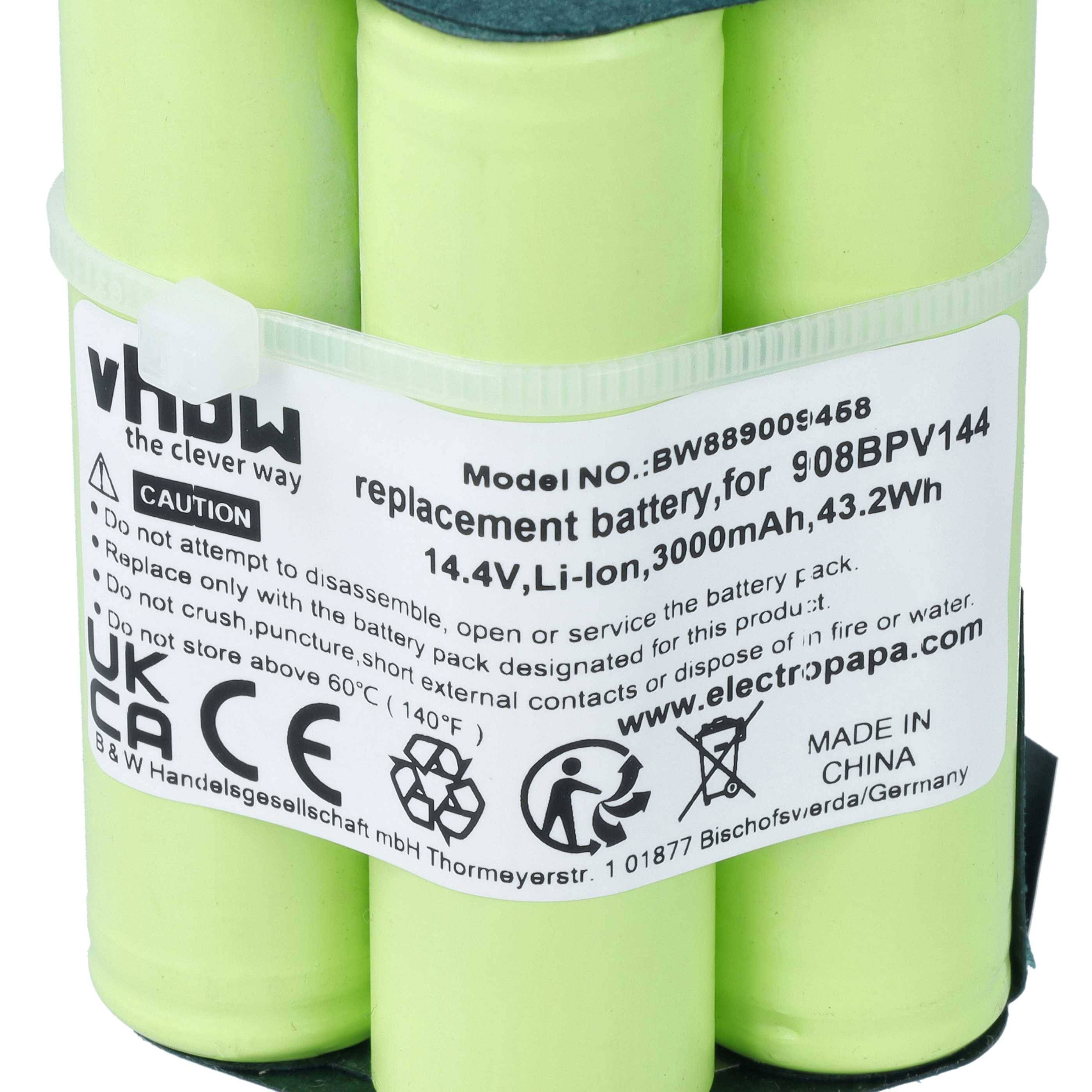 Grüne Lithium-Ionen-Akkupack-Etikett mit Modellnummer BW889005468, 14,4V, 3000mAh, 43,2Wh und Warnsymbolen für Ersatzbatterien.