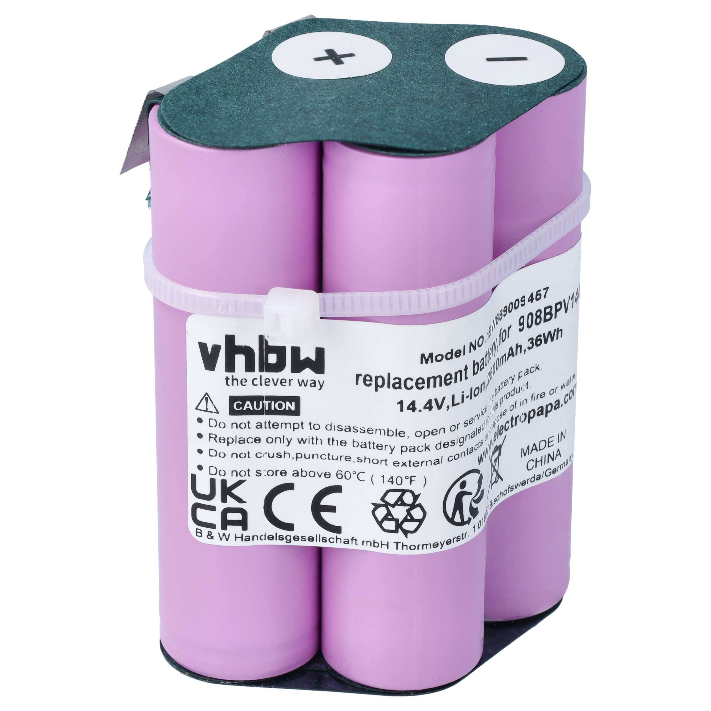 Rosafarbenes wiederaufladbares Batteriepaket mit vier zylindrischen Zellen und positiven/negativen Anschlüssen, gekennzeichnet als Ersatzbatteriemodul.
