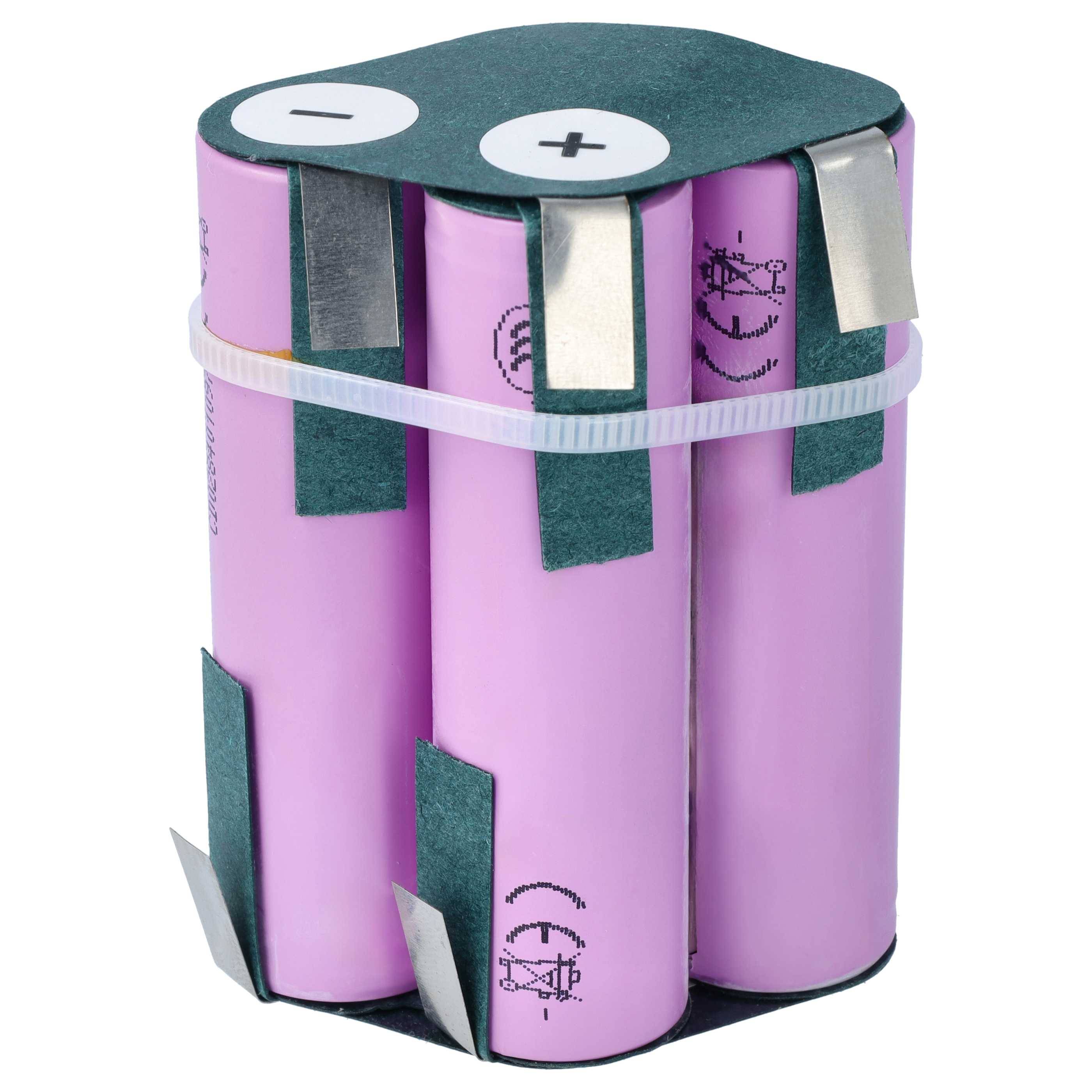 Ein 4-Zellen-Batteriepack in Lila mit Plus- und Minuspolen oben, mit Klebeband und einem weißen Band umwickelt, auf weißem Hintergrund dargestellt.