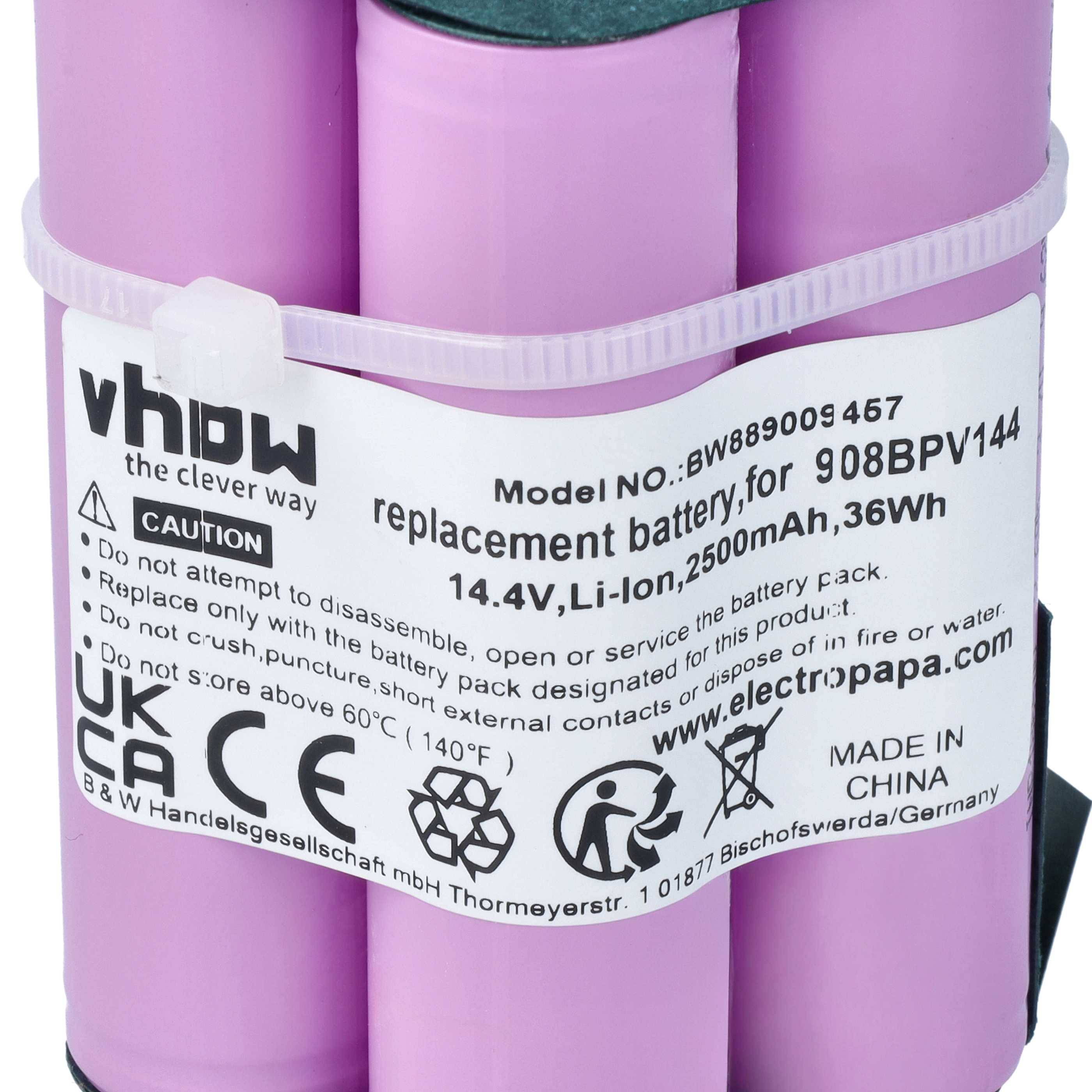Lila zylindrisches Lithium-Ionen-Akkupack, umwickelt mit einem weißen Etikett mit der Aufschrift „vhbw", Modell BW889009467, 14,4V, 2500mAh, für 908BPV144.