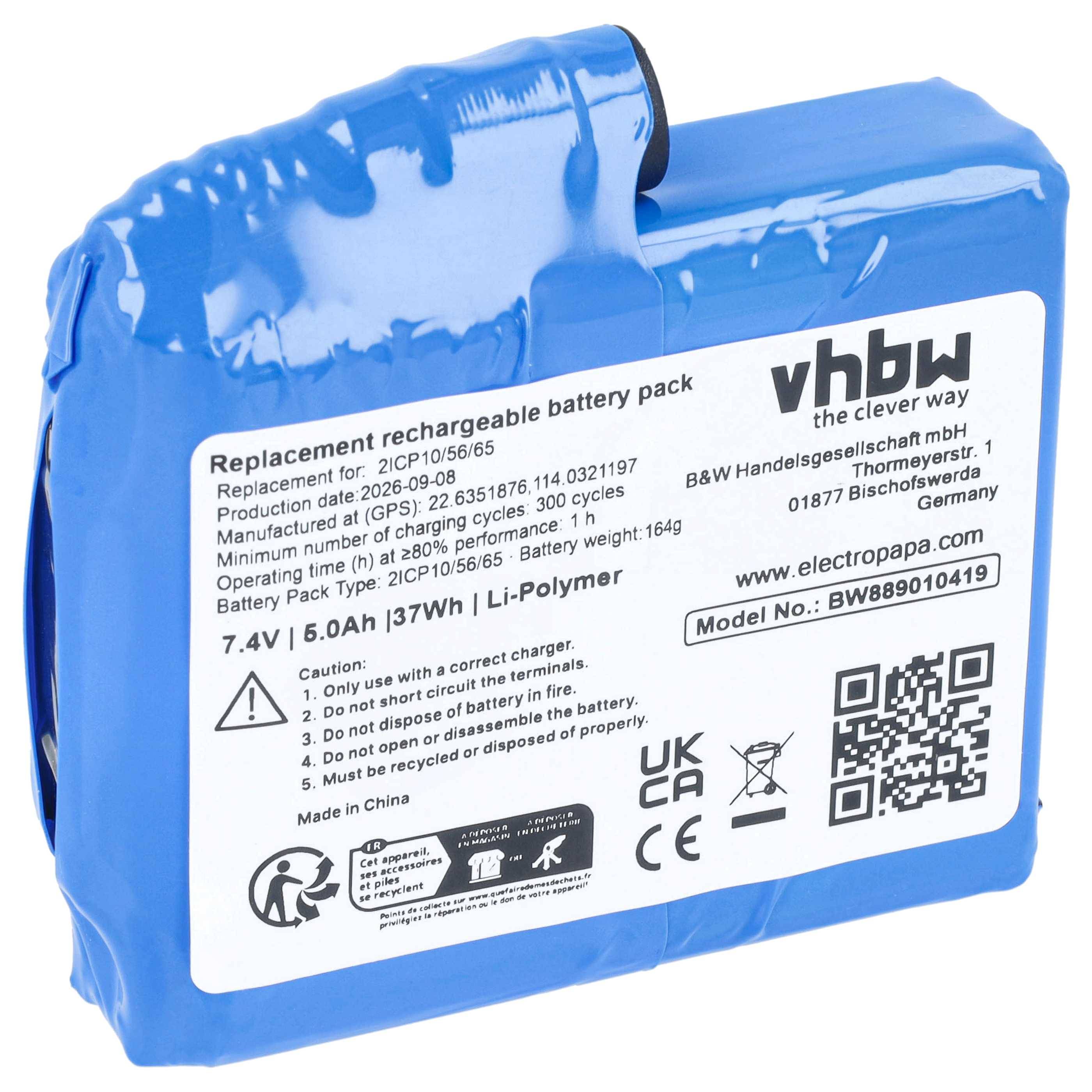 Blaues wiederaufladbares Li-Polymer-Akku mit weißem Etikett, das die vhbw-Markenbeschriftung, Modell BW889010419, 7,4V 5,0Ah, QR-Code und Sicherheitswarnungen zeigt.