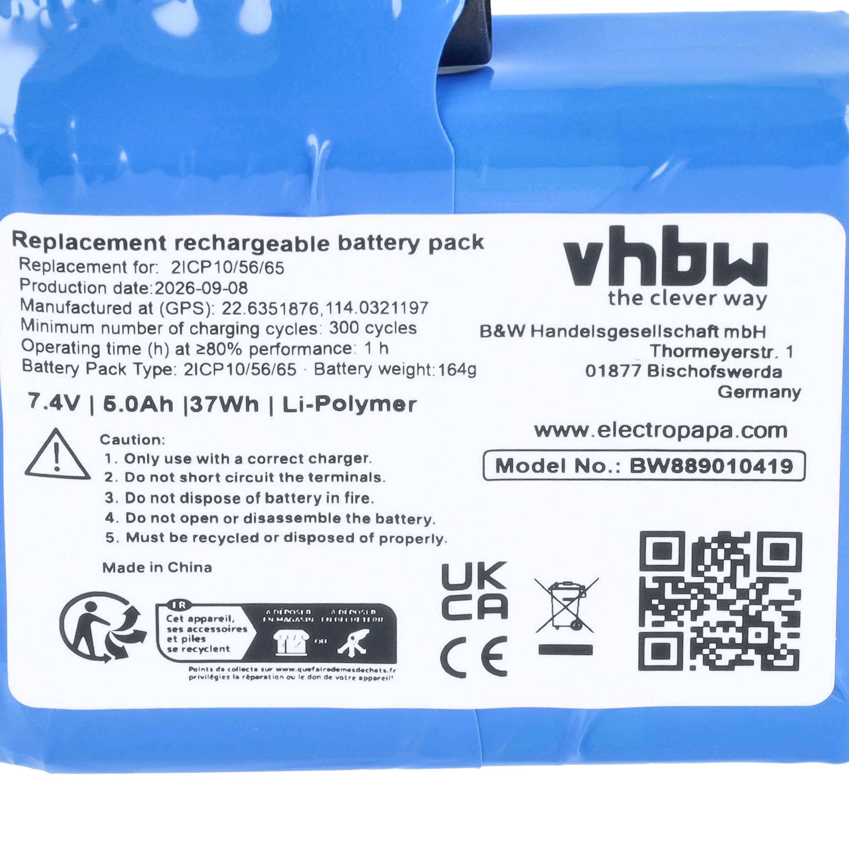 Etikett eines blauen wiederaufladbaren Akkupacks mit 7,4V 5,0Ah Li-Polymer-Akku, Sicherheitswarnungen, Herstellerangaben, Modell BW889010419 und QR-Code.