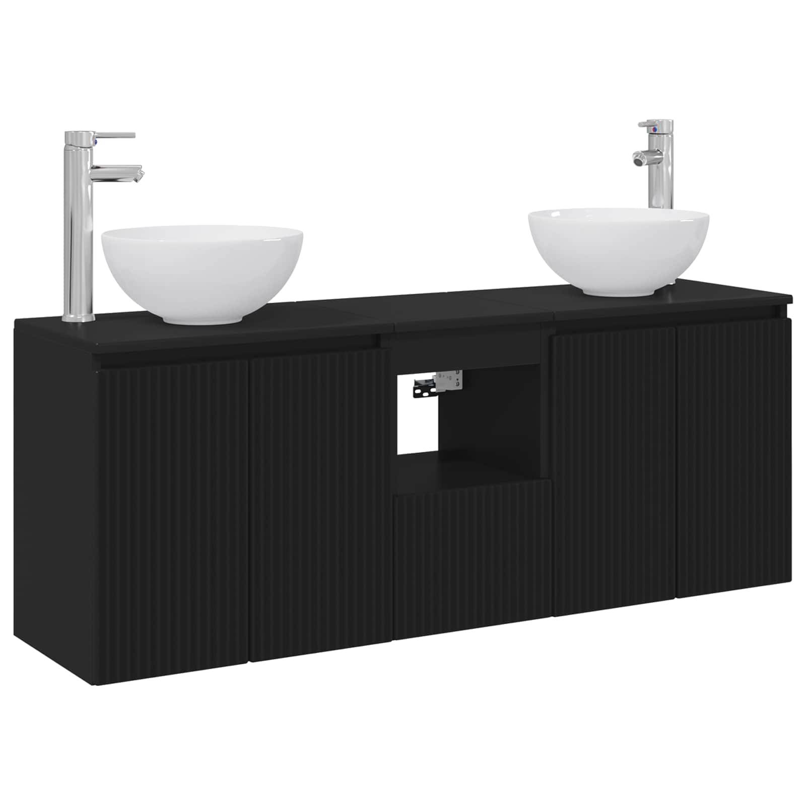 Schwarze Badezimmervandage mit doppeltem Waschbecken, zwei weißen Aufsatzwaschbecken und Chromarmaturen, mit einem zentrierten offenen Regal.