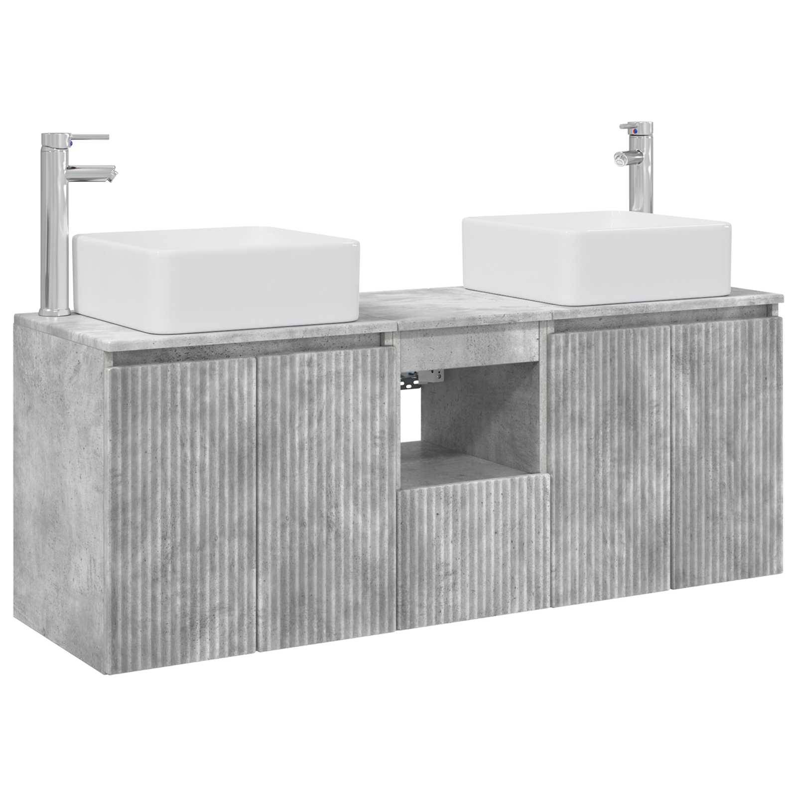 Doppelwaschbecken mit zwei quadratischen Aufsatzbecken und Armaturen auf einem gerippten Betonschrank, vor weißem Hintergrund dargestellt.