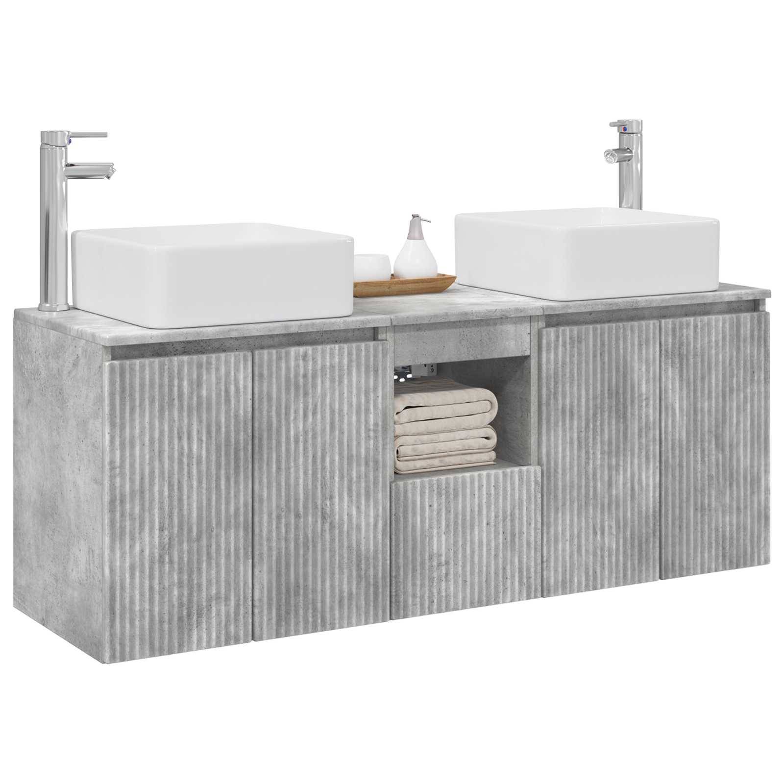 Modernes Doppelwaschbecken-Badezimmermöbel mit welligem grauem Schrank, zwei rechteckigen Aufsatzwaschbecken, zentralem offenem Regal mit Handtüchern und Seifenspender oben.