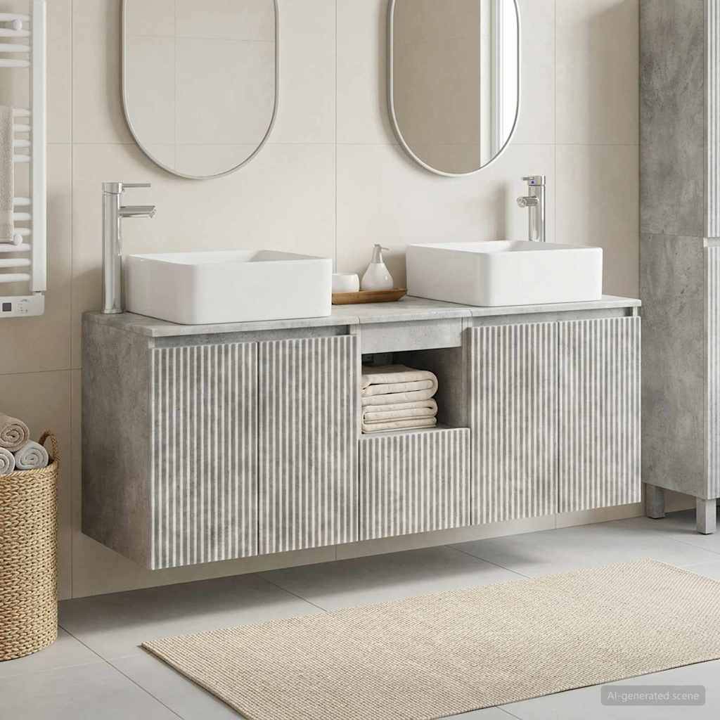 Modernes Badezimmerwaschtisch mit zwei quadratischen Aufsatzwaschtischen, ovalen Spiegeln und einem zentralen offenen Regal mit gefalteten Handtüchern und Toilettenartikeln.