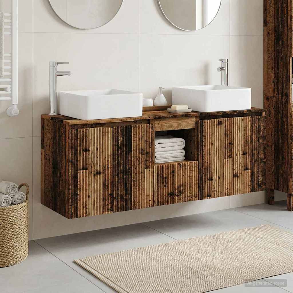 Modernes Badezimmer-Waschtisch mit zwei rechteckigen Aufsatzwaschbecken auf einem rustikalen Holzschrank, Spiegel darüber und einem hellen Teppich darunter.