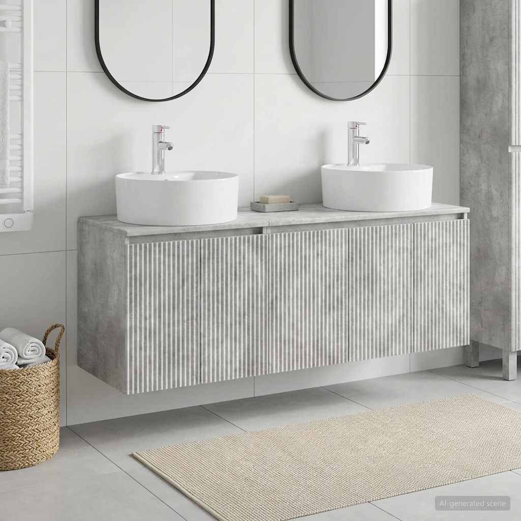 Modernes Badezimmer mit zwei weißen Aufsatzwaschtischen auf einem schwebendem Betonwaschbecken, umrahmt von ovalen Spiegeln und einem geflochtenen Handtuchkorb.