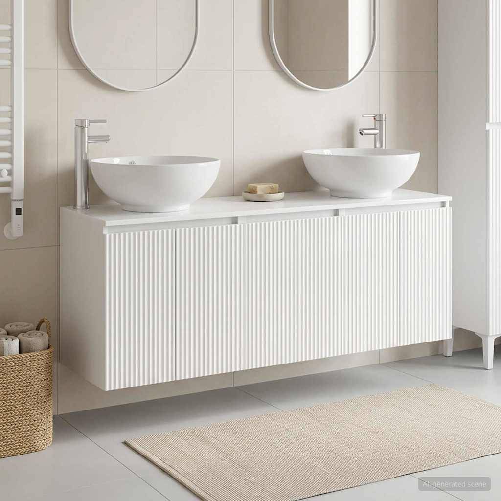 Modernes Badezimmermöbel mit zwei Aufsatzwaschbecken, verchromten Armaturen, ovalen Spiegeln und einem gerippten weißen Schrank in einem hell neutralen Raum.