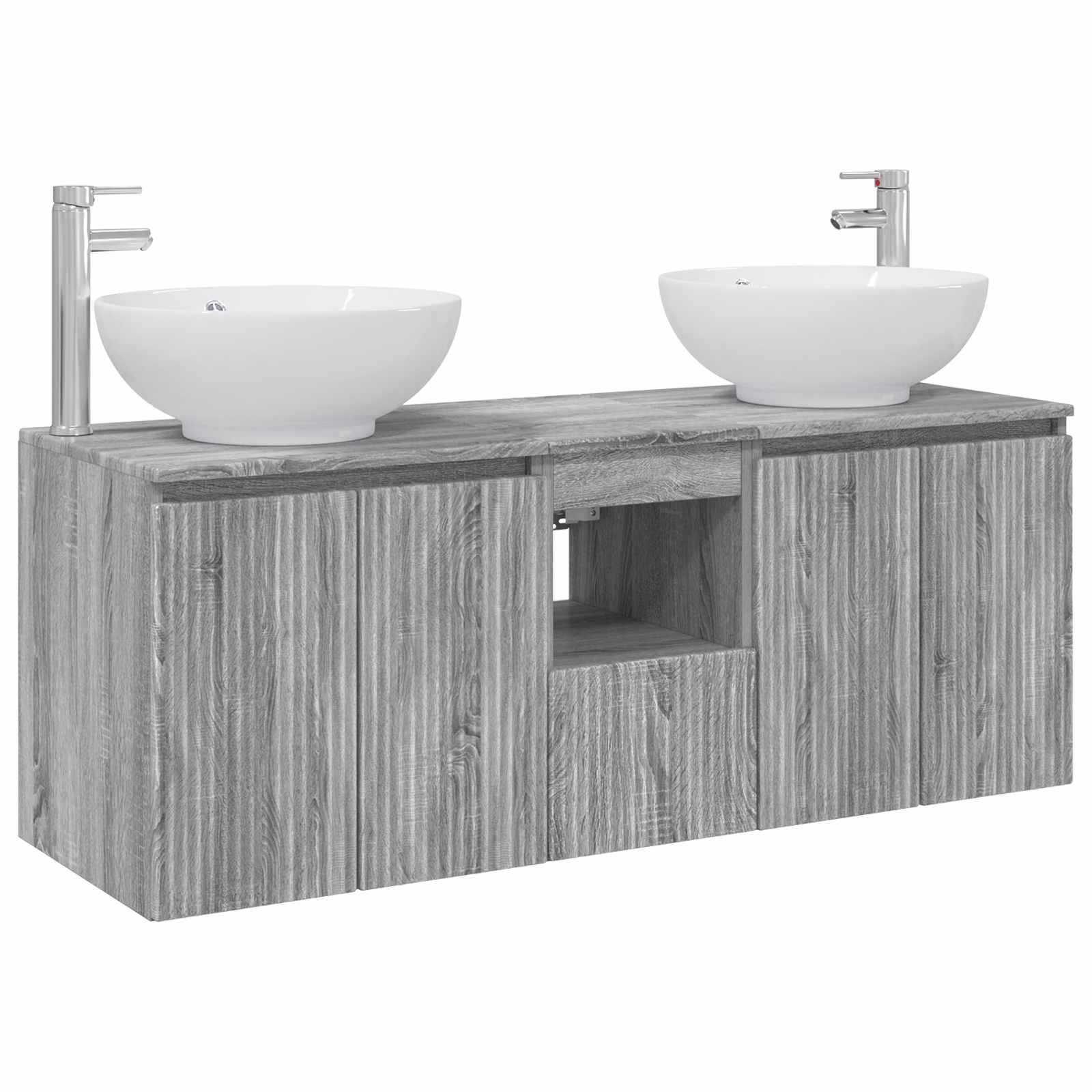 Doppel-Waschtisch-Badezimmerschrank mit zwei weißen Aufsatzwaschbecken und verchromten Armaturen auf einer grauem holzgemaserten Basis mit offenem mittlerem Regal.