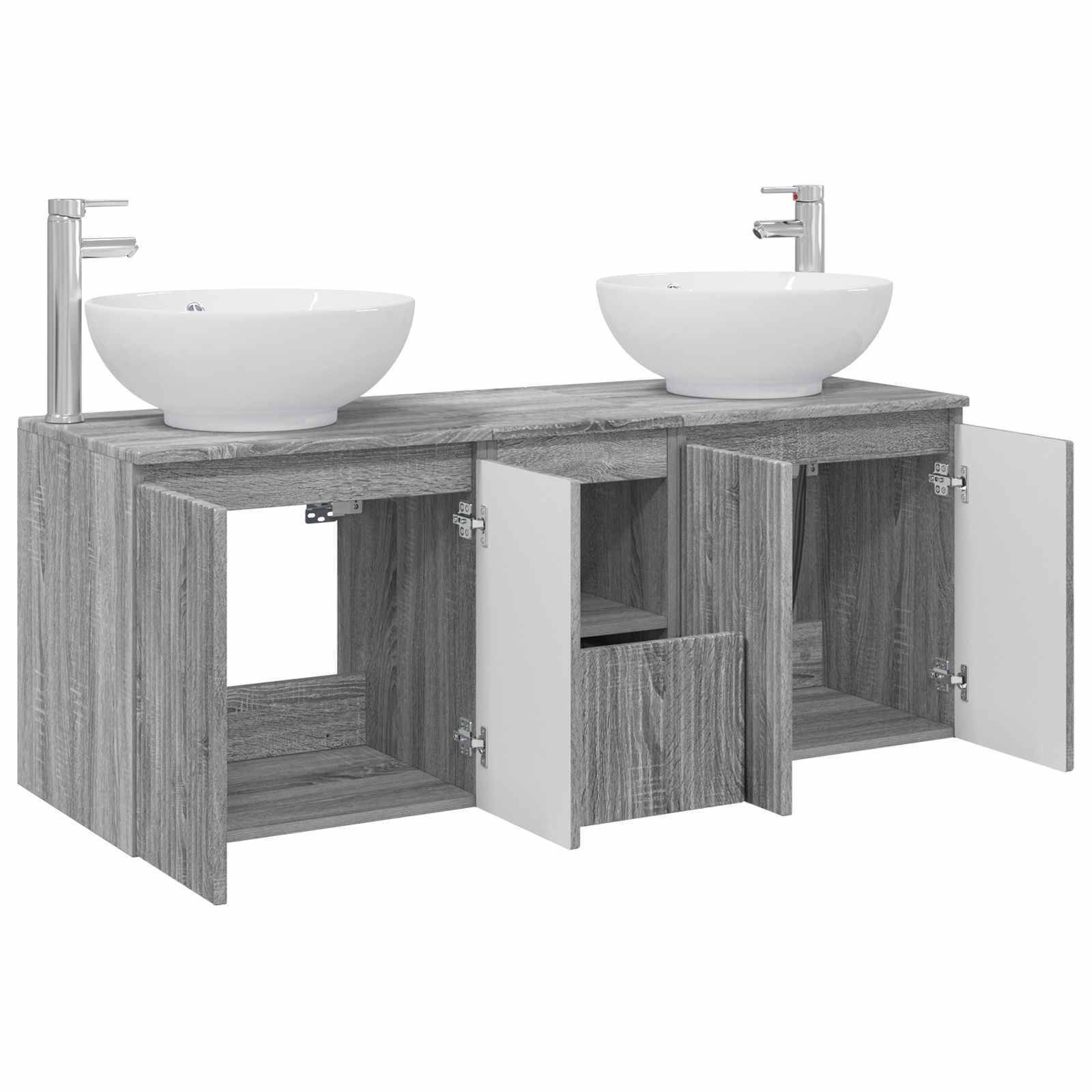Doppelwaschtisch im Badezimmer mit Holzmaserung-Schrank, zwei weißen Aufsatzwaschbecken und offenen Ablagefächern mit Türen sowie zentraler Schublade.