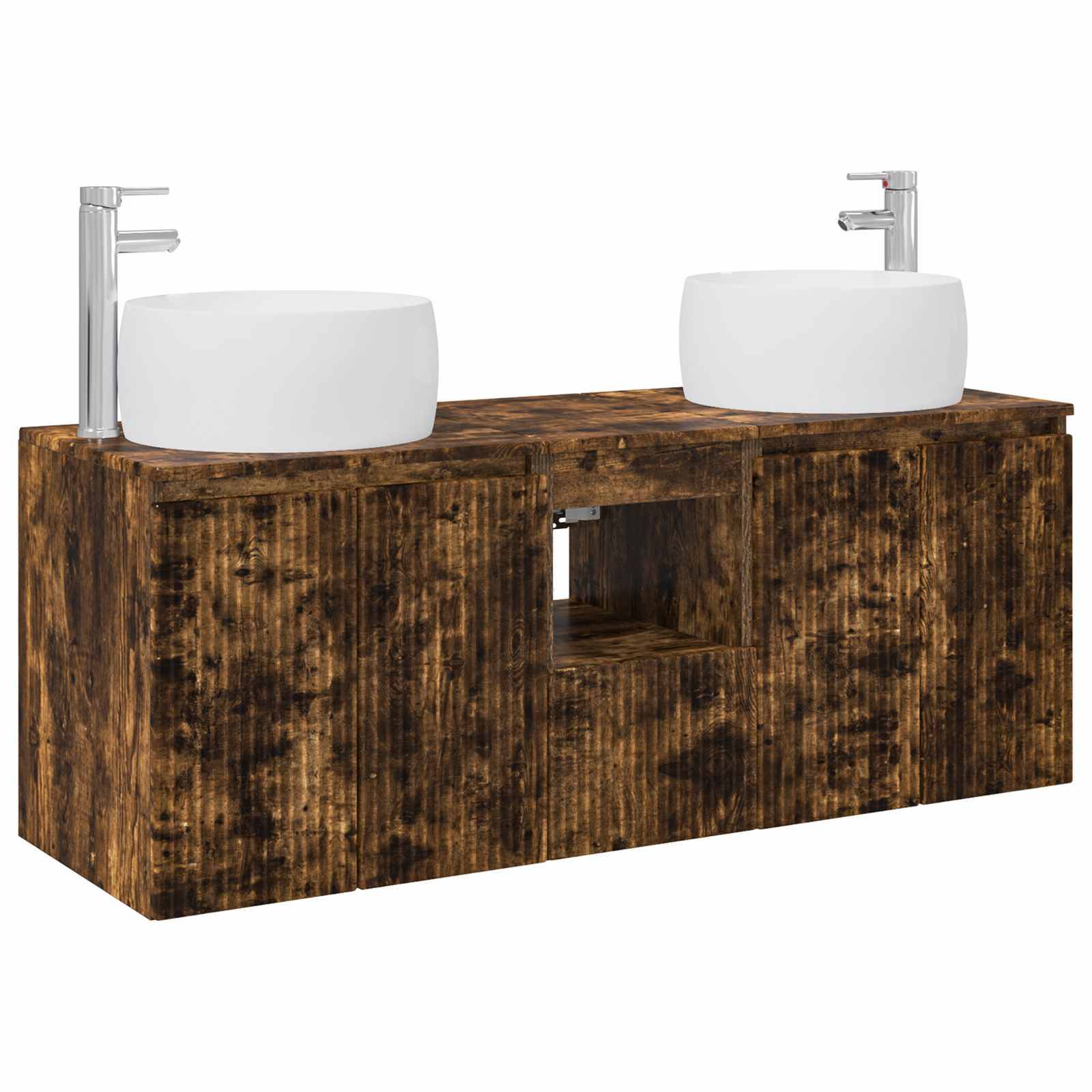 Rustikales Badezimmer-Waschtischmöbel aus Holz mit Doppelwaschbecken, zwei Aufsatzwaschbecken und modernen Chromarmaturen, gezeigt auf weißem Hintergrund.