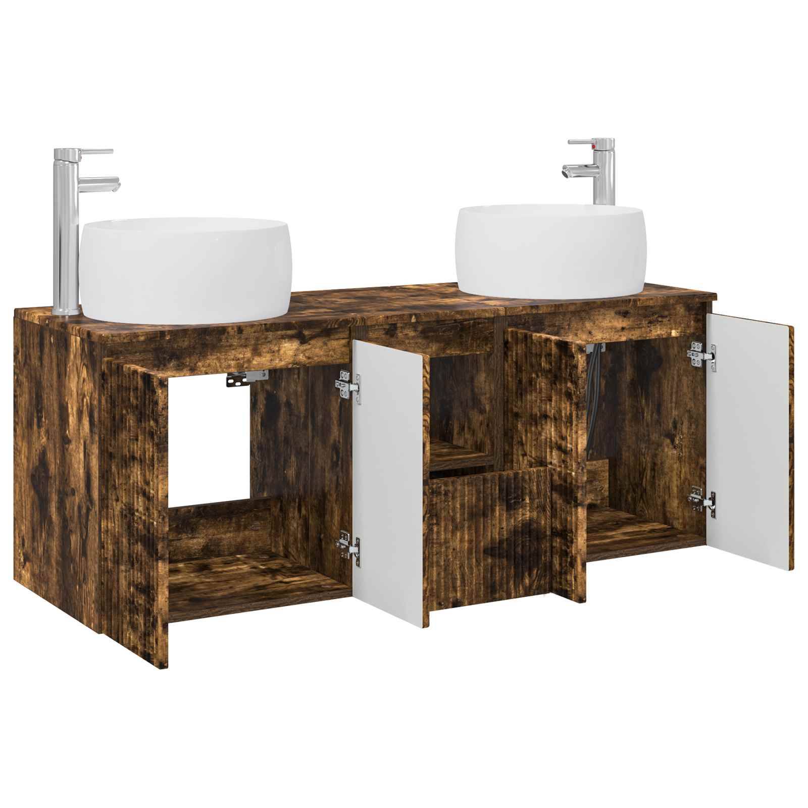 Doppelwaschbecken mit rustikalem Holzschrank, zwei Aufsatzwaschbecken und Armaturen, offenes zentrales Regal und geöffnete Schranktüren, die den Stauraum zeigen.