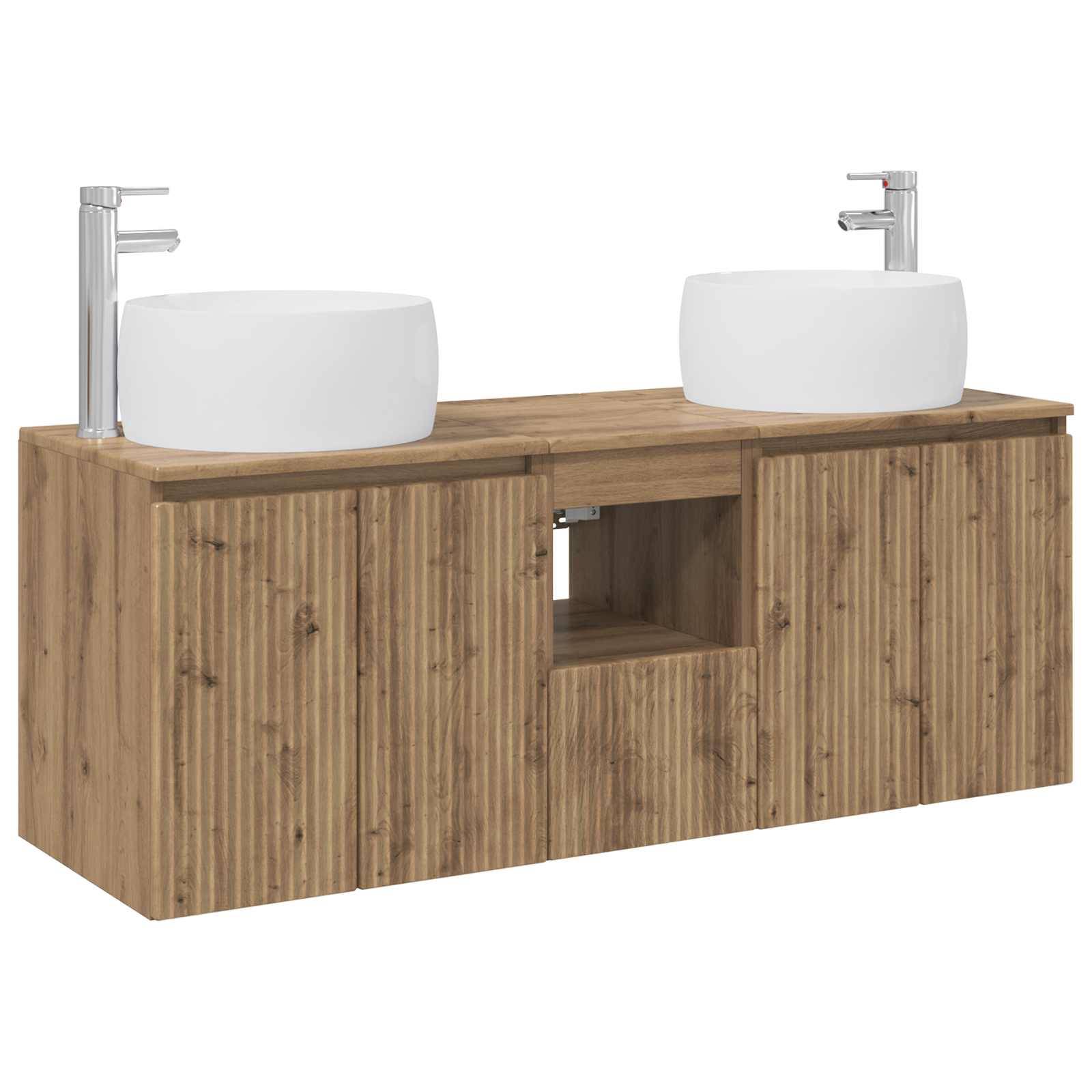 Holz-Doppelbad-Waschtischschrank mit zwei Aufsatzwaschbecken und Chromarmaturen, mit mittlerem offenem Regal und Lamellenholzoberfläche.