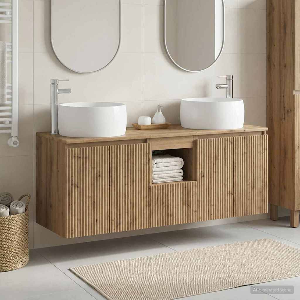 Modernes Badezimmermöbel mit zwei runden Aufsatzbecken, Spiegeln und einem schwebendem Holzschrank mit Lamellen, Handtüchern und Toilettenartikeln.