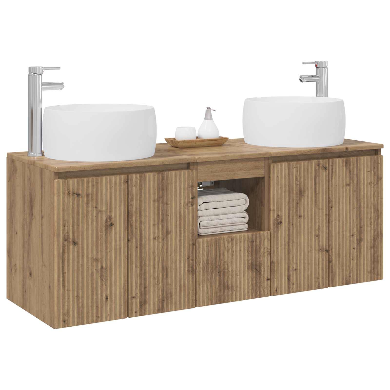Holzernes Doppelwaschbecken-Badezimmermöbel mit zwei runden weißen Becken, Chromarmaturen und einem zentralen offenen Regal mit gefalteten Handtüchern.